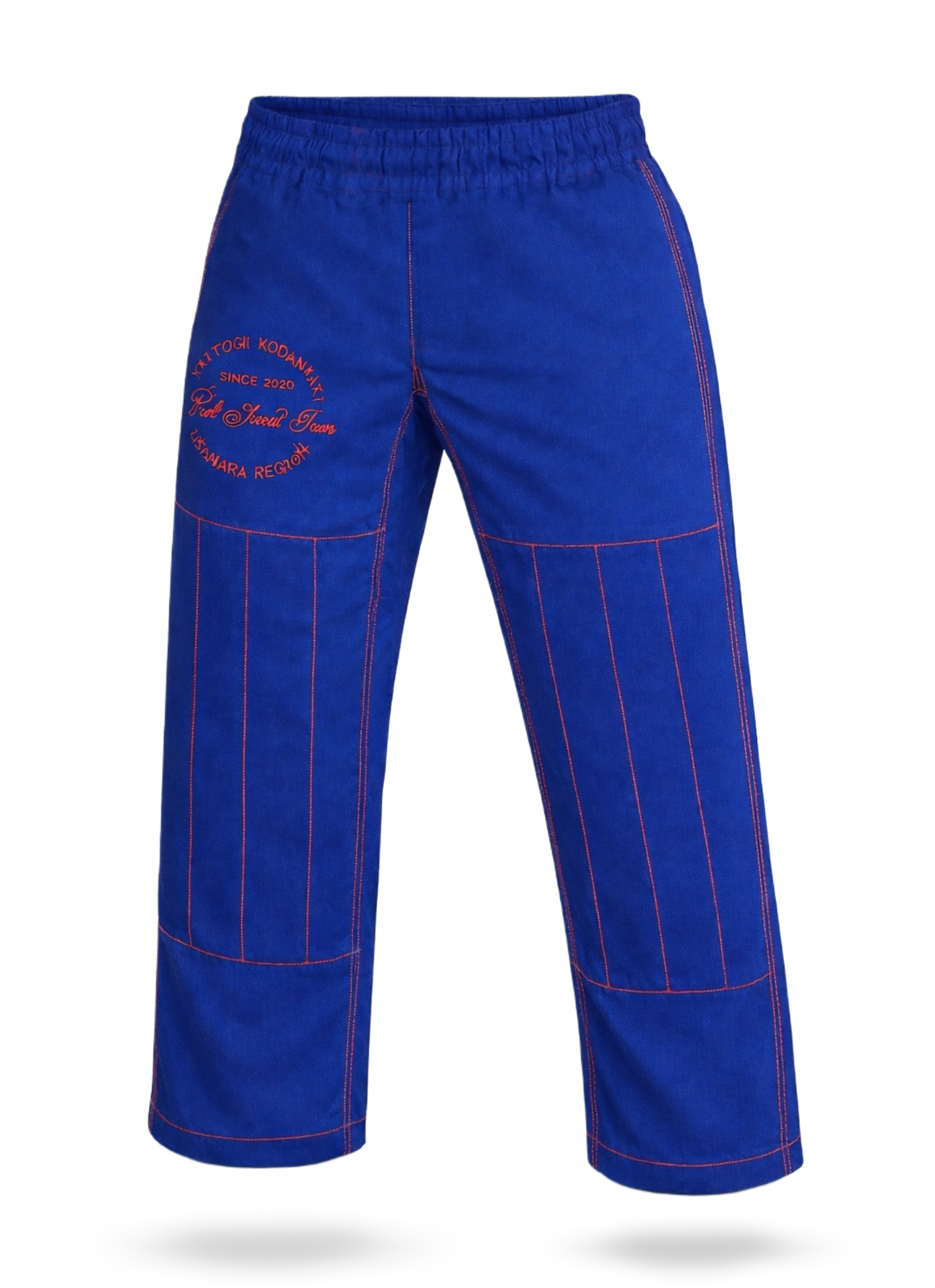 Синие штаны для БЖЖ с красным дизайном на резинке, фактурный хлопок, надежная фиксация для тренировок и соревнований