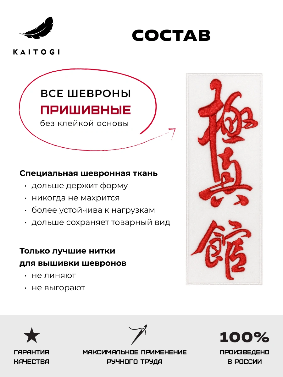 Инфографика состава пришивных шевронов KAITOGI с вышивкой, плотной основой и прочными нитями
