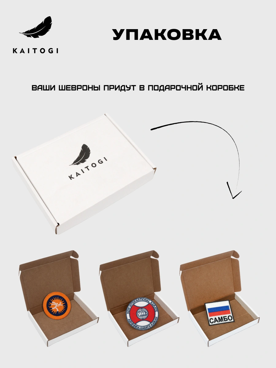 Инфографика упаковки спортивных шевронов KAITOGI в подарочной коробке