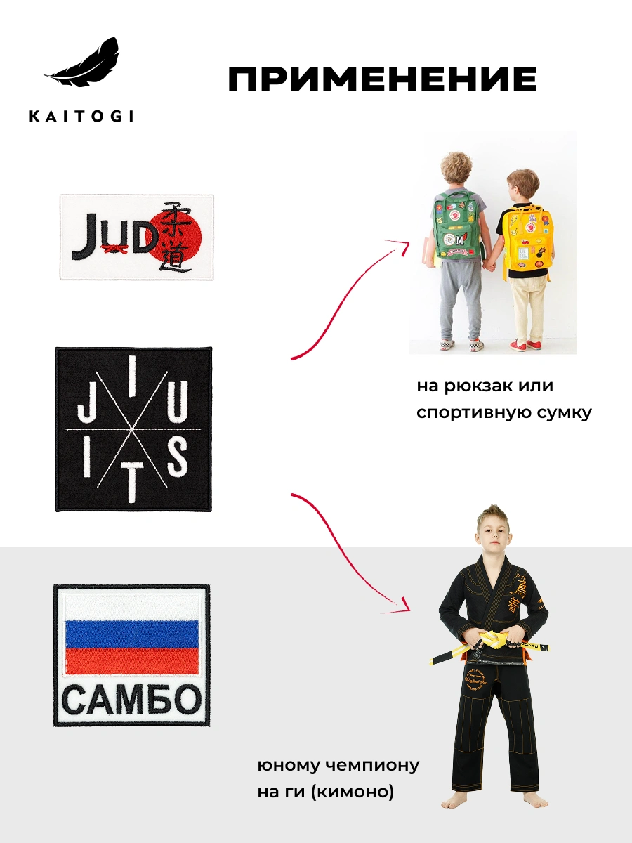 Инфографика применения спортивных шевронов KAITOGI для кимоно, рюкзака и спортивной сумки