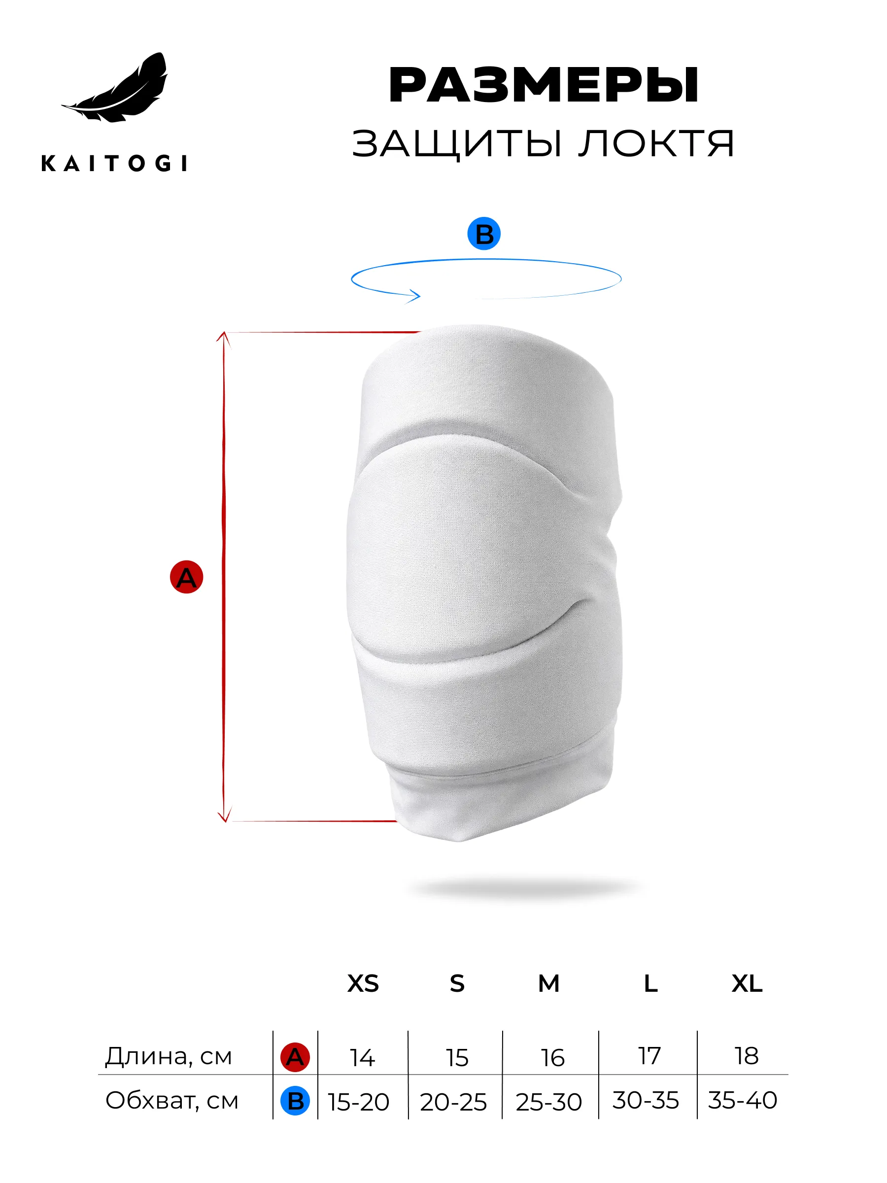 Таблица размеров налокотников серии ОКИНАВА: диапазон S–XL и схема фиксации профессиональной лентой 5 см