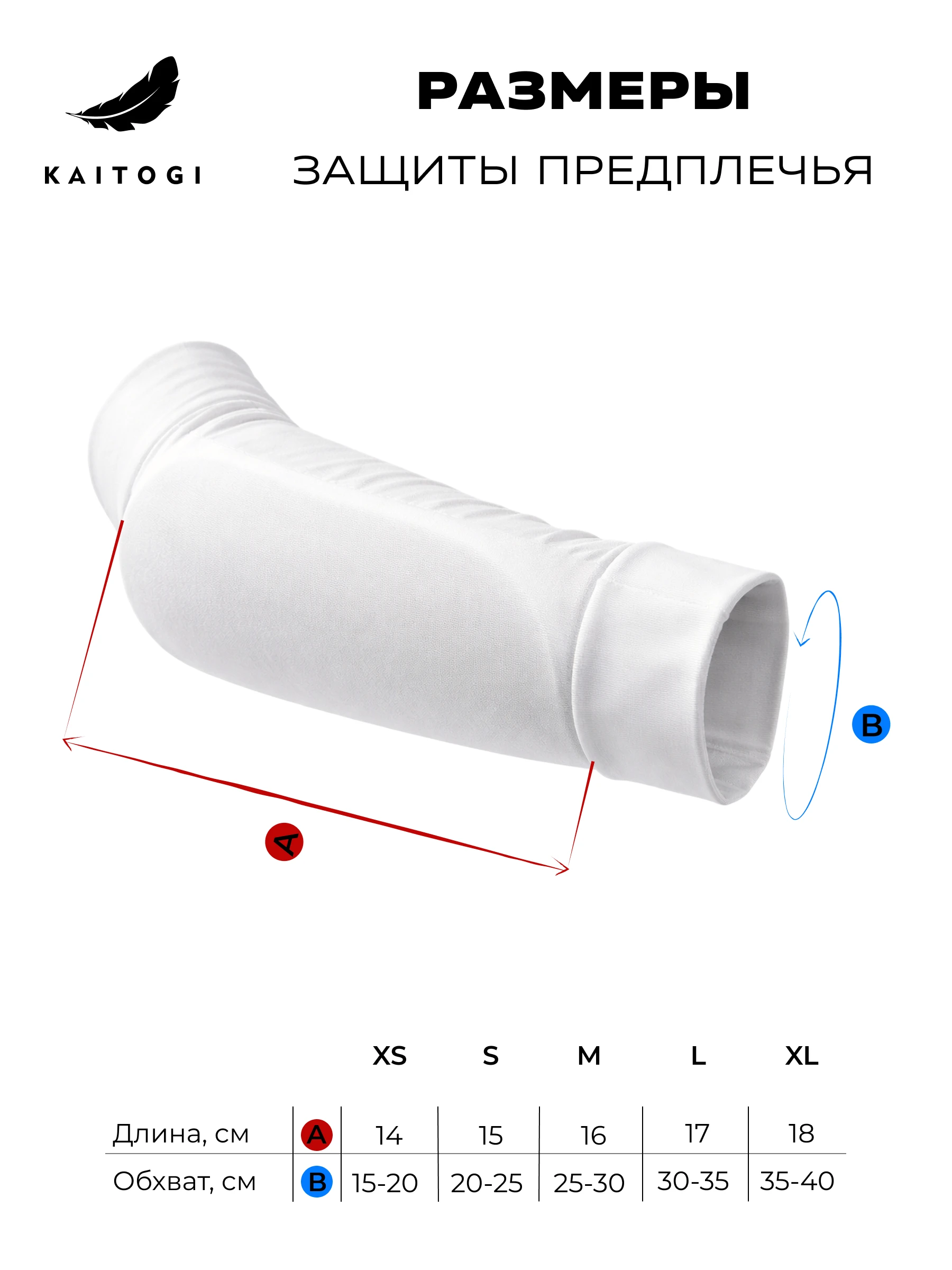 Таблица размеров защиты предплечья серии ОКИНАВА: диапазон ХS–XL и схема фиксации профессиональной лентой шириной 5 см