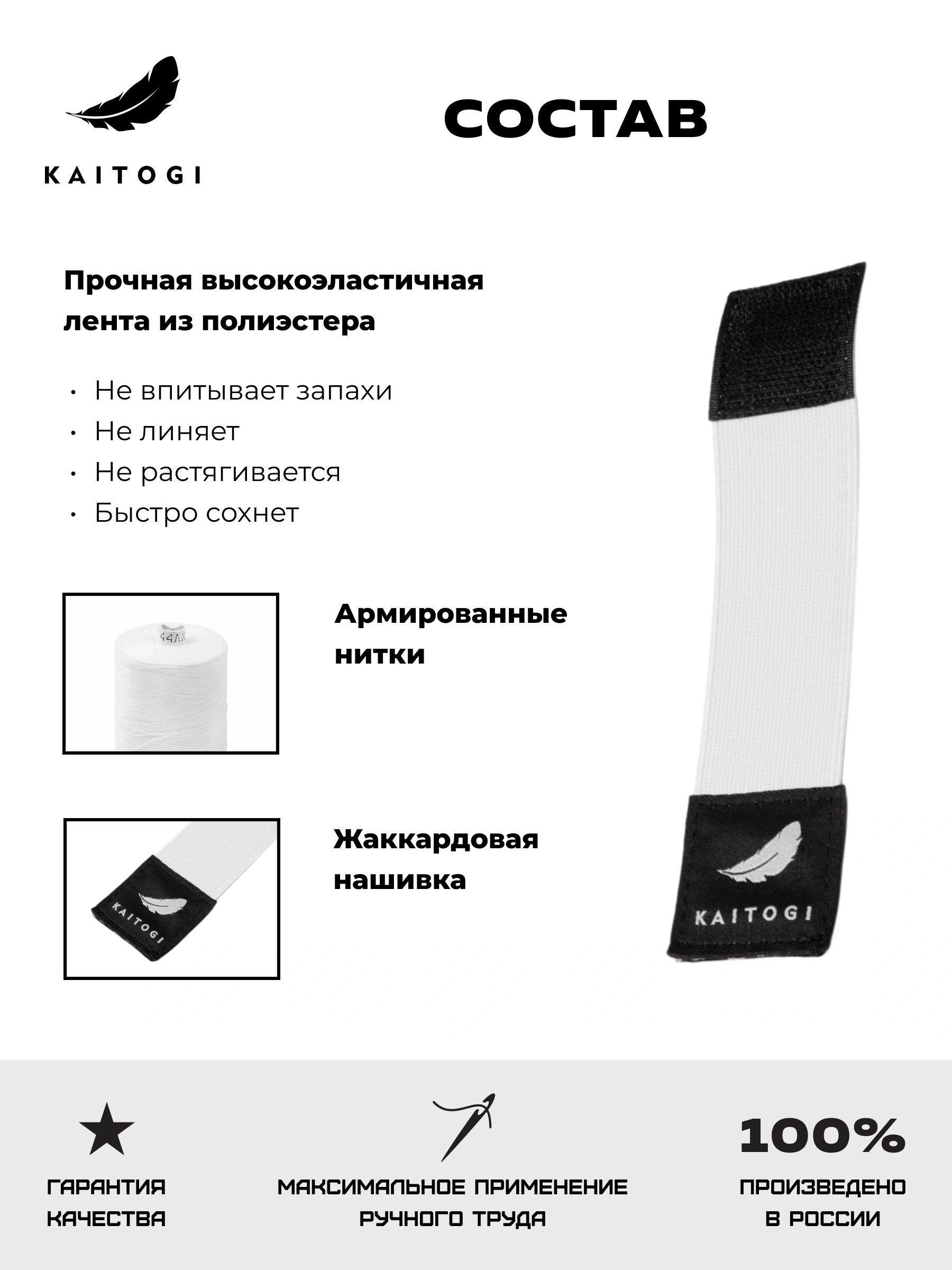 Инфографика состава: высокоэластичная лента из полиэстера и прочные армированные нитки