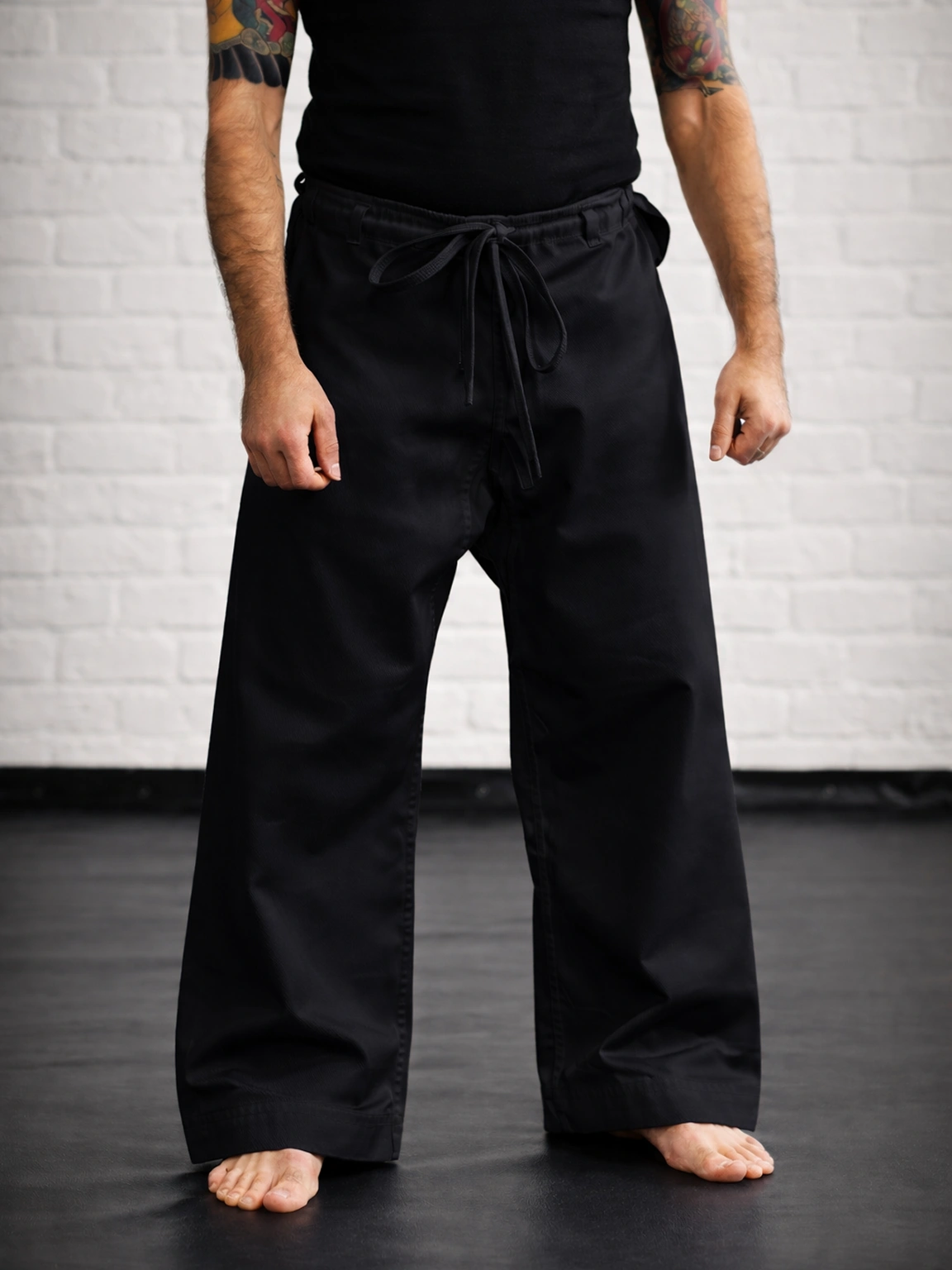 Модель М1 (черная) на завязках: штаны для карате максимальной длины, ручной пошив в РФ