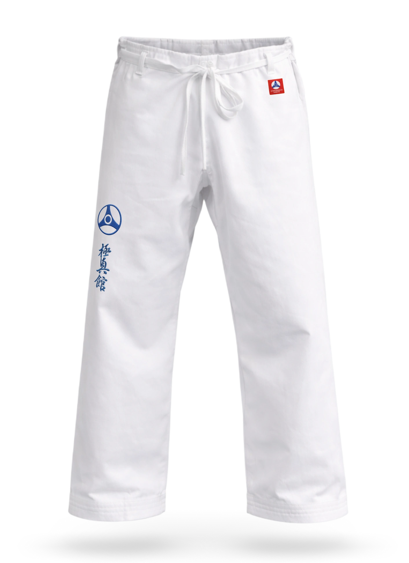 Белые штаны для карате KAITOGI М1 с вышивкой Кёкусин-кан: модель «в пол» на завязках