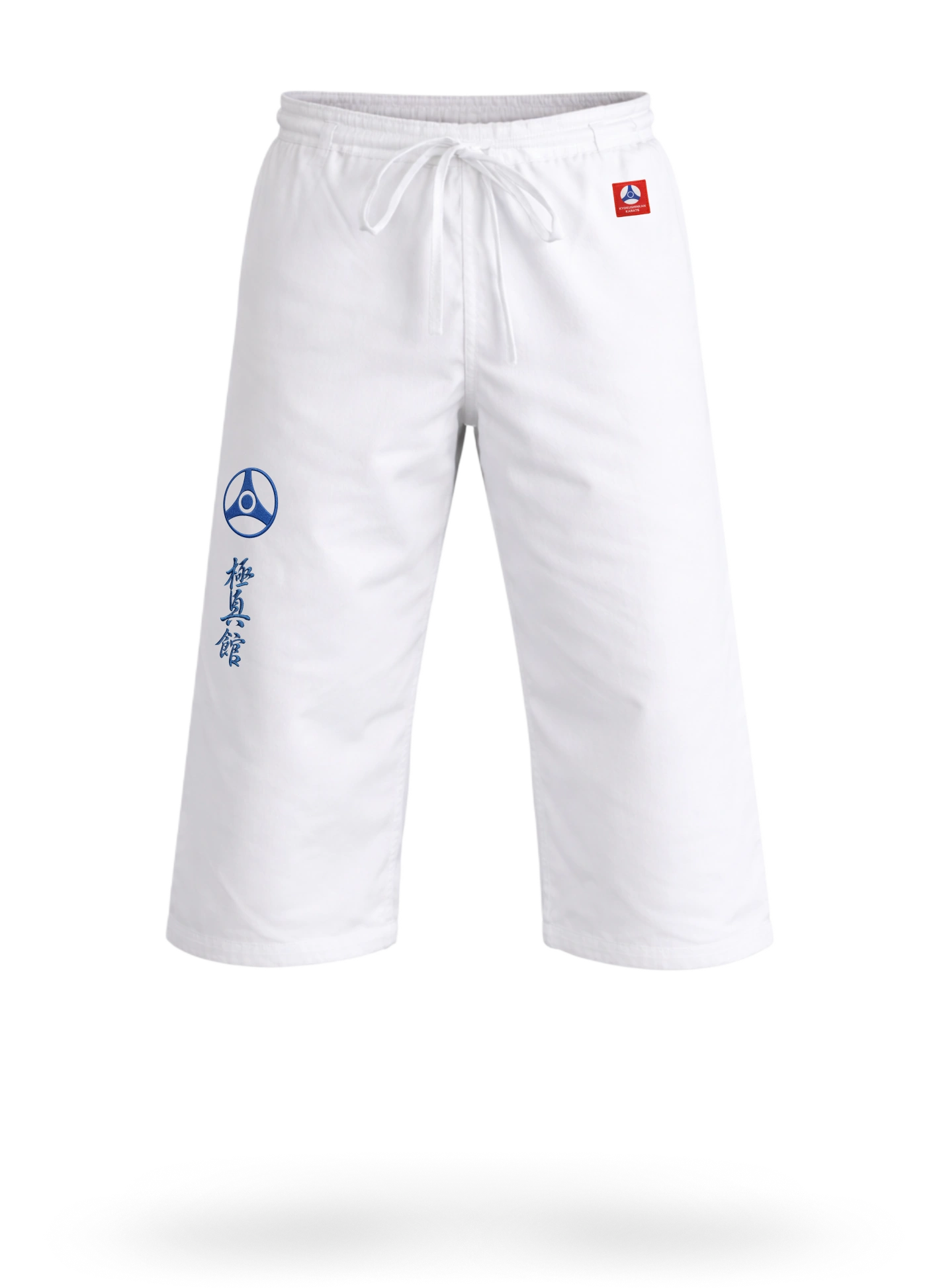 Белые штаны-бриджи для карате KAITOGI М4 с вышивкой Кёкусин-кан на завязках: тренировочная модель ниже колена