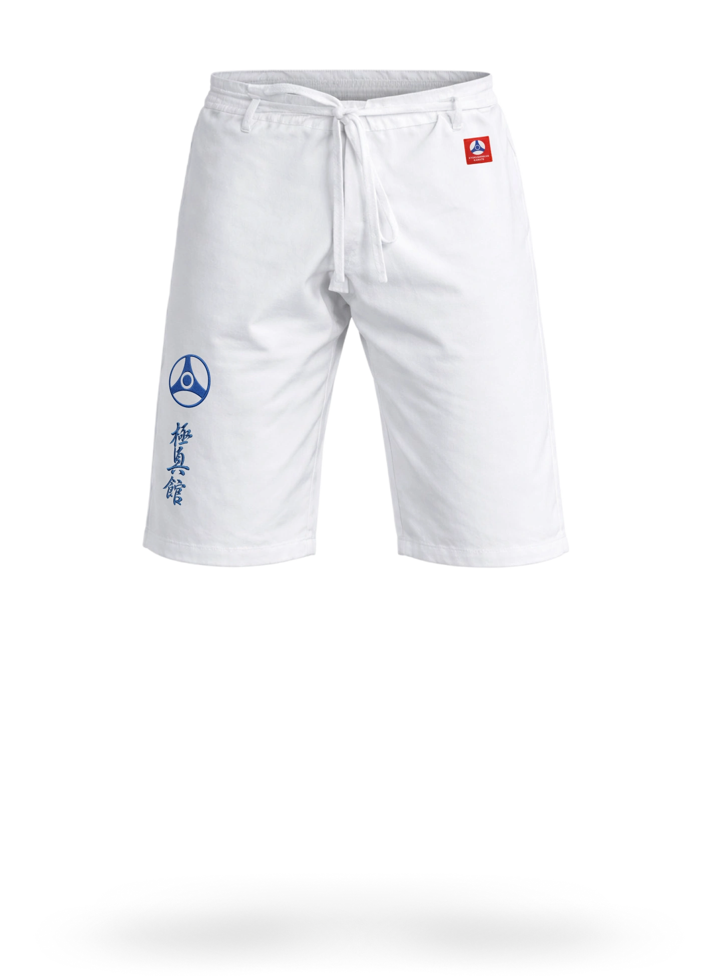 Белые штаны-шорты KAITOGI М5 с вышивкой Кёкусин-кан на завязках: тренировочная модель по колено из 100% хлопка