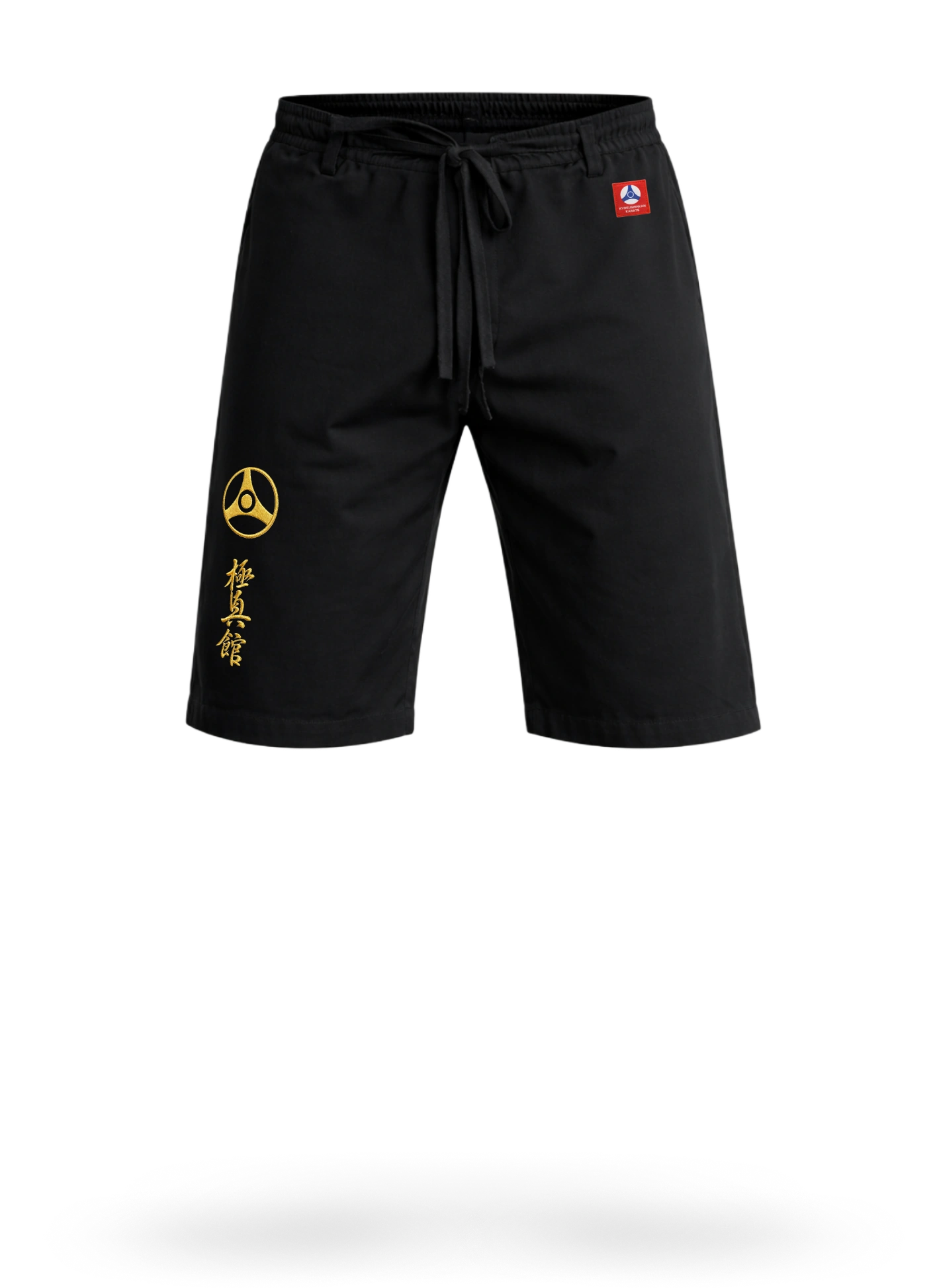 Черные штаны-шорты KAITOGI М5 Кёкусин-кан на завязках: профессиональная вышивка нитками