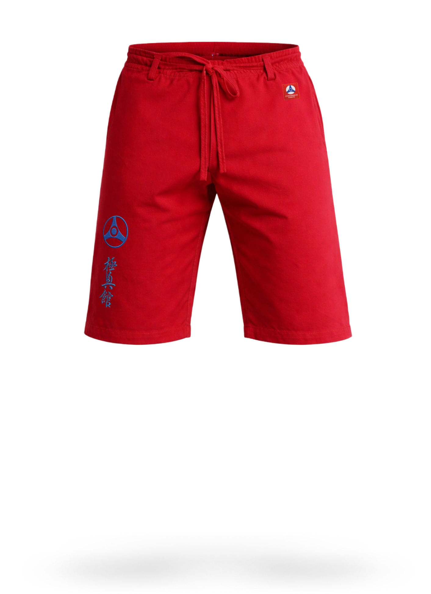 Красные шорты для карате KAITOGI М5 с вышивкой Кёкусин-кан, традиционная фиксация на завязках