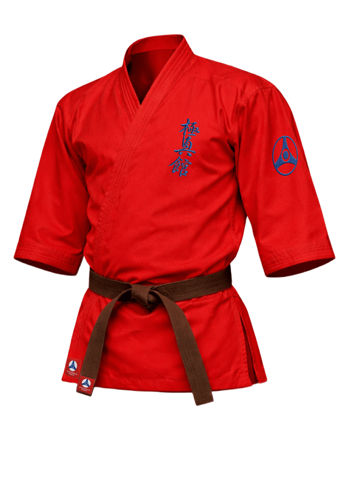Красная куртка карате KAITOGI К3 с вышивкой Кёкусин-кан: яркий дизайн, короткий крой и рукав до запястья