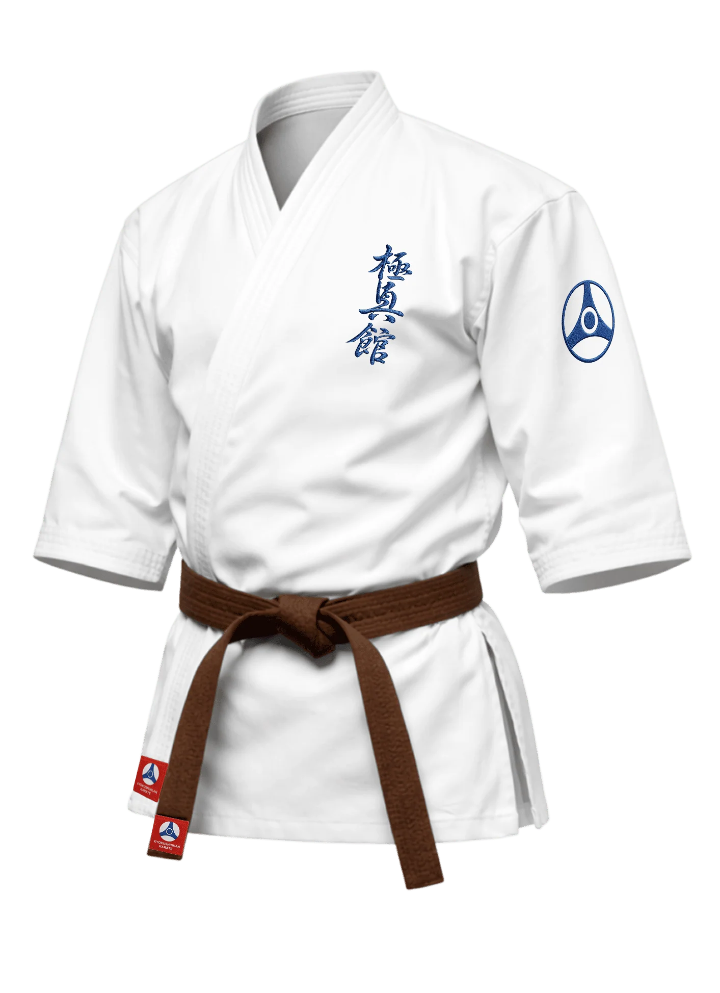 Белая куртка карате KAITOGI К4 с вышивкой Кёкусин-кан (КАН): короткая модель с рукавом 3/4 из 100% хлопка