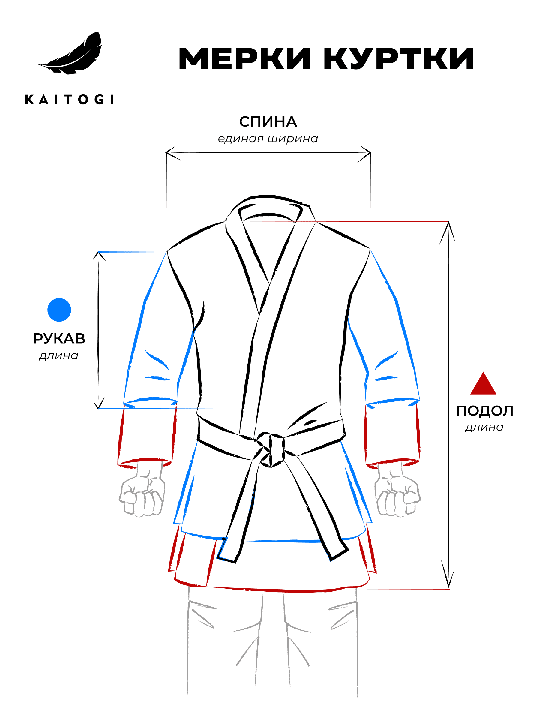 Схема измерения куртки KAITOGI: рукав спина и длина подола