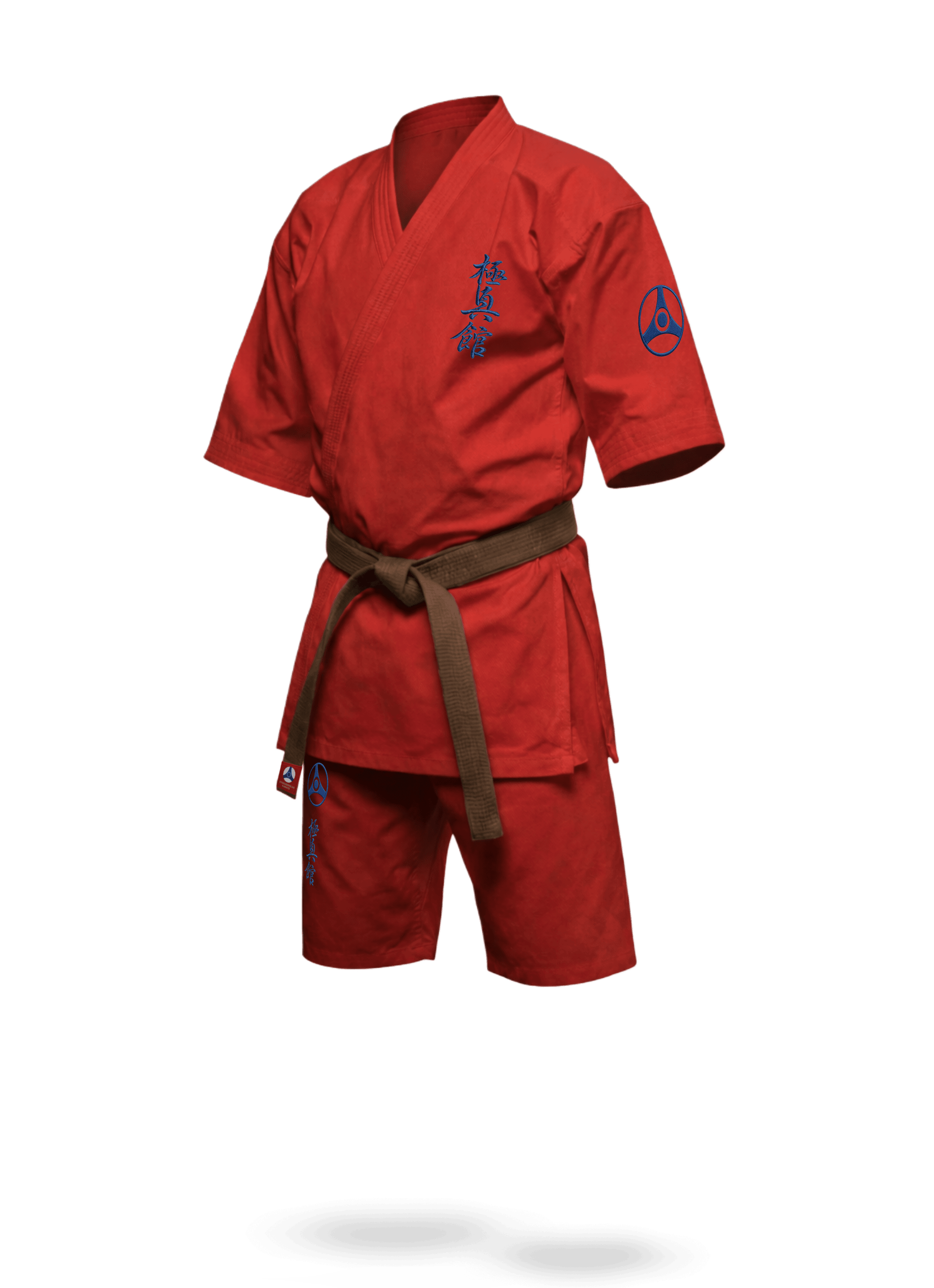 Красное кимоно KAITOGI К2–М5 с вышивкой Кёкусин-кан: яркий дизайн, куртка ниже локтя и шорты по колено
