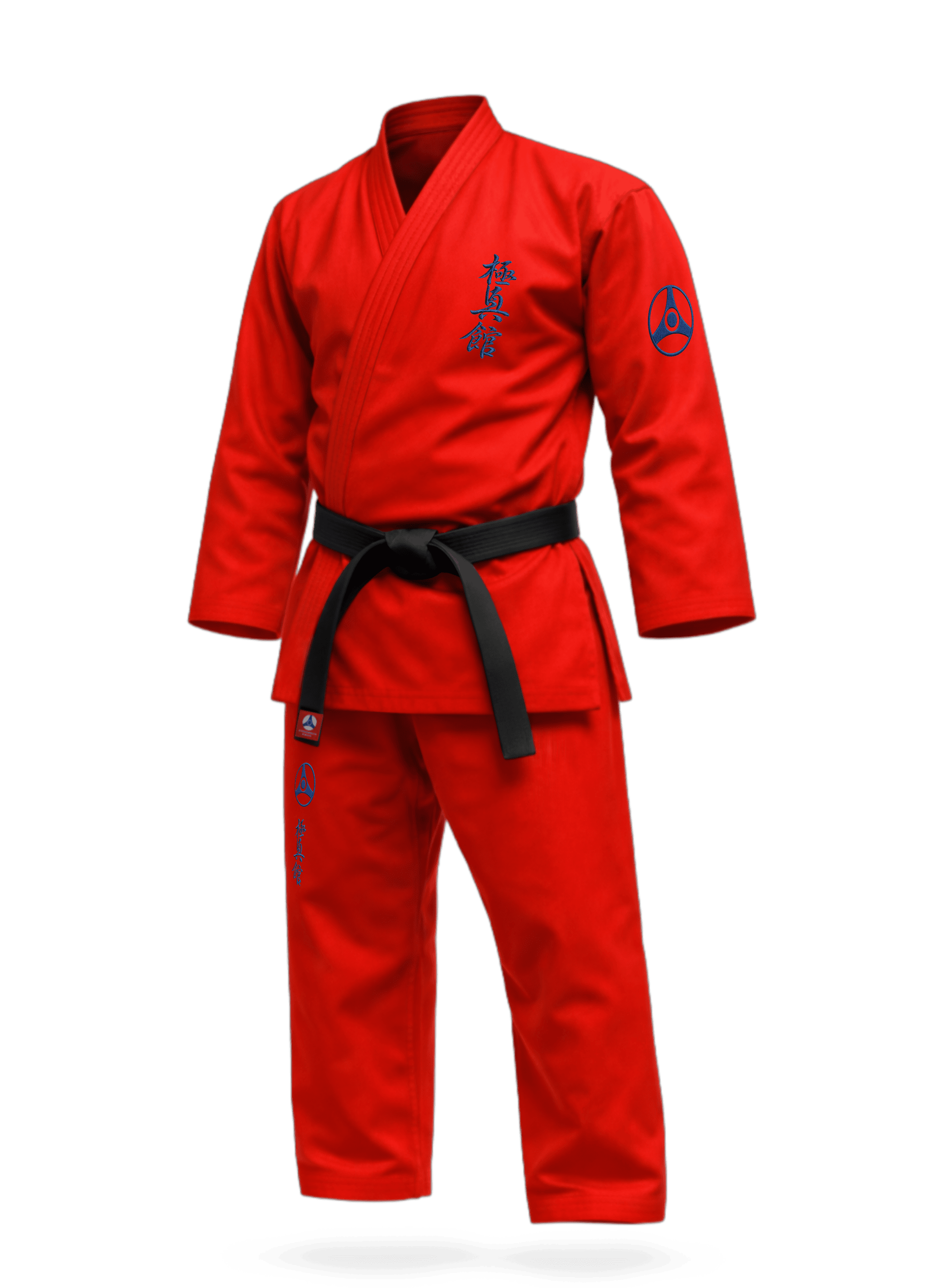 Красное кимоно KAITOGI К3–М3 с вышивкой Кёкусин-кан: яркий дизайн, короткий крой и штаны выше лодыжки