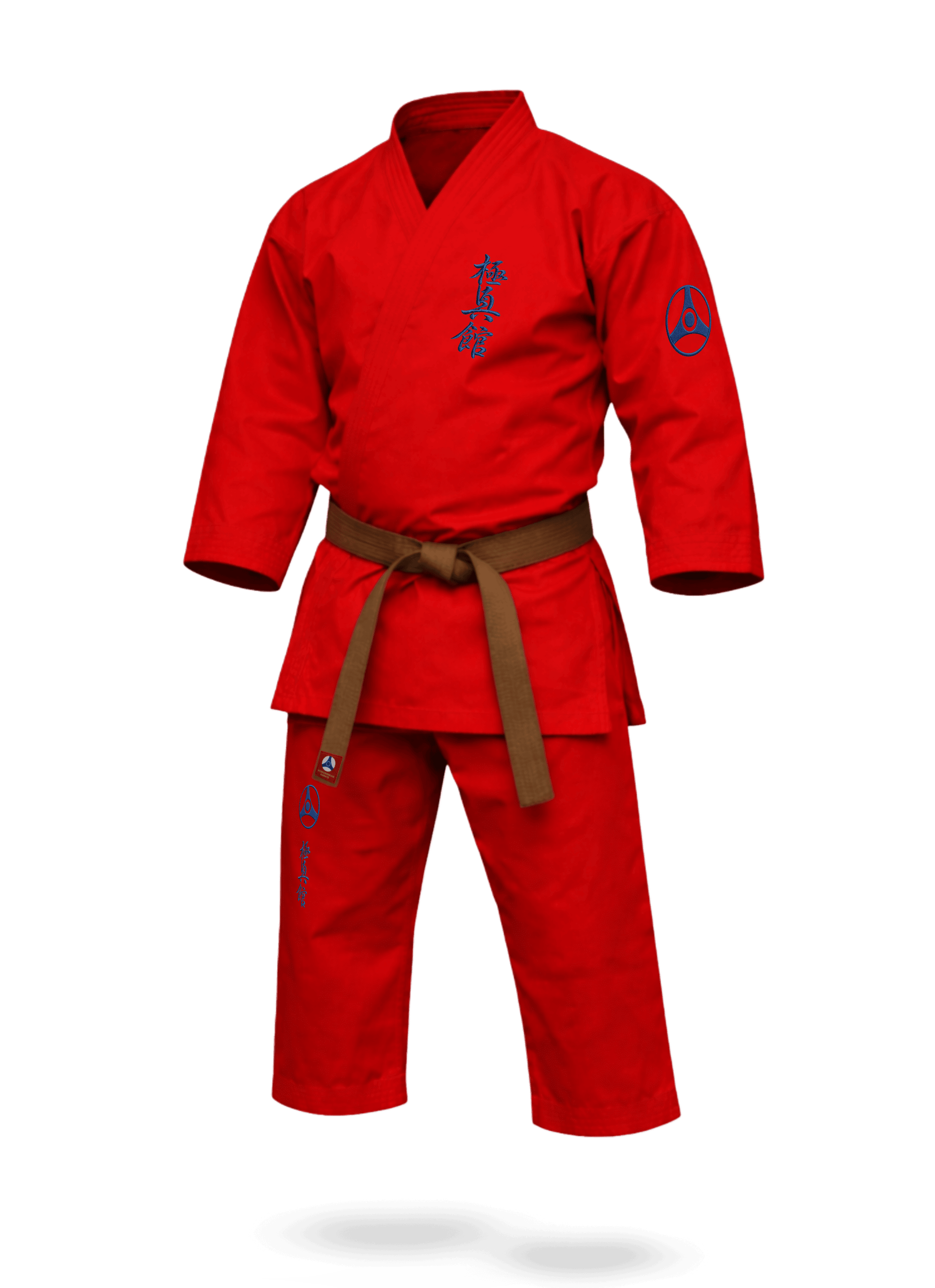 Красное кимоно KAITOGI К3–М4 с вышивкой Кёкусин-кан: яркий дизайн, короткая куртка и штаны-бриджи