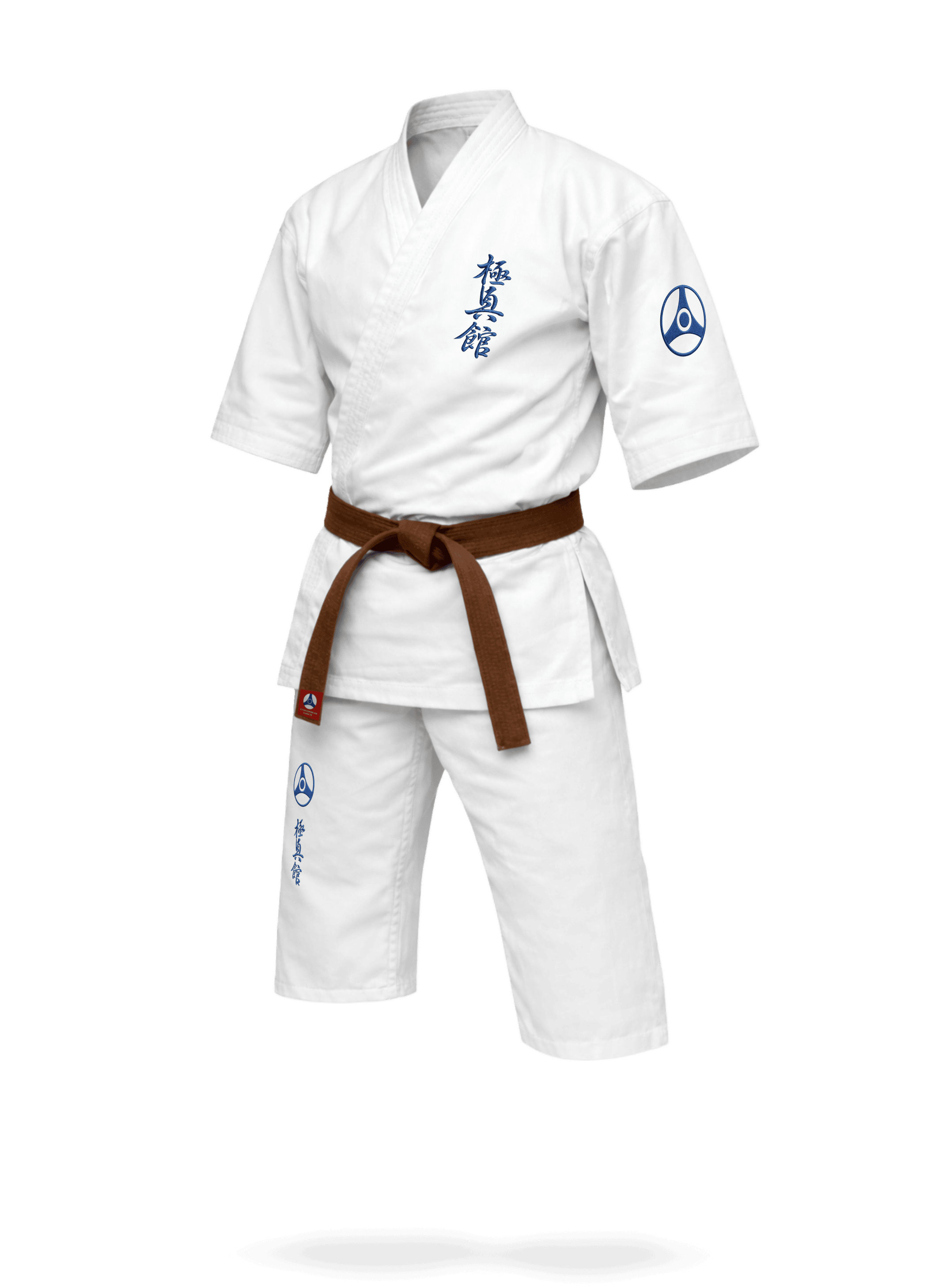 Белое кимоно для карате KAITOGI К4–М4 с вышивкой Кёкусин-кан: комплект из укороченной куртки (рукав 3/4) и штанов-бриджей