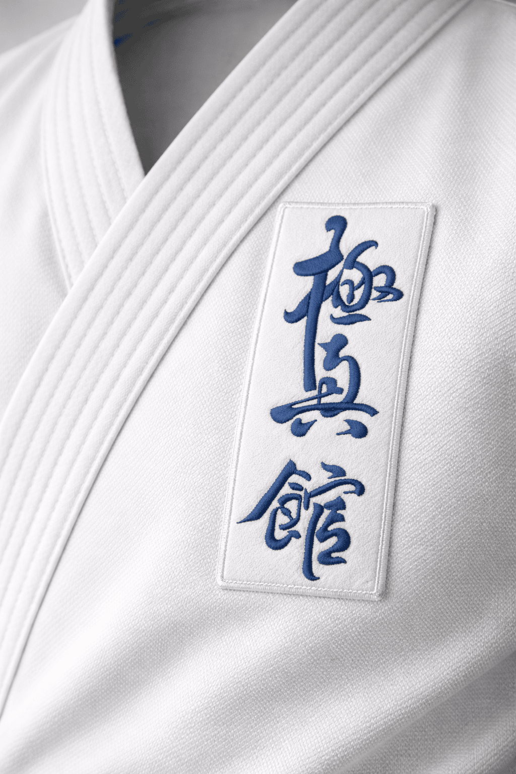 Белый шеврон KAITOGI Киокушин с синей вышивкой на белом кимоно