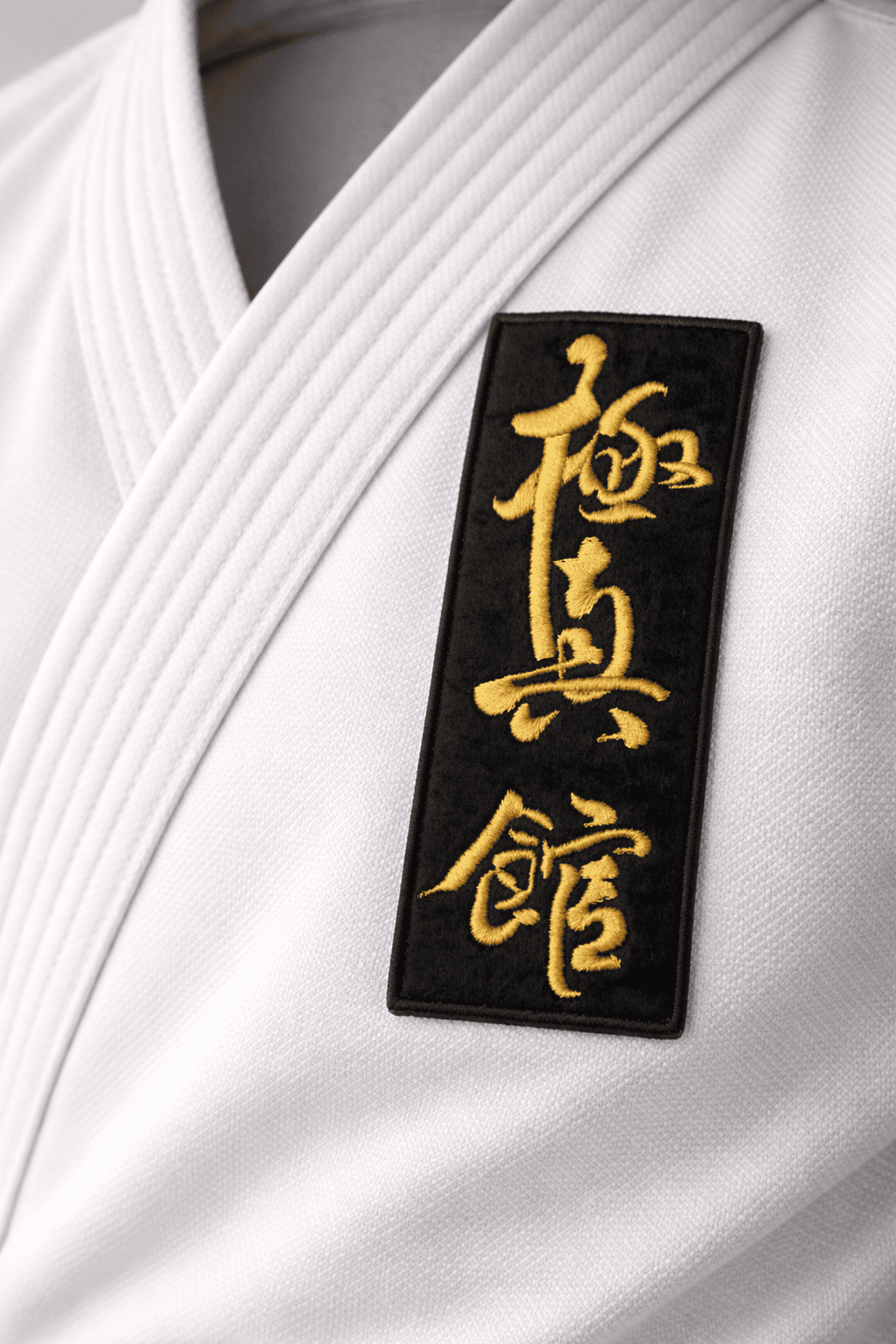 Черный шеврон KAITOGI Киокушин с золотой вышивкой на белом кимоно