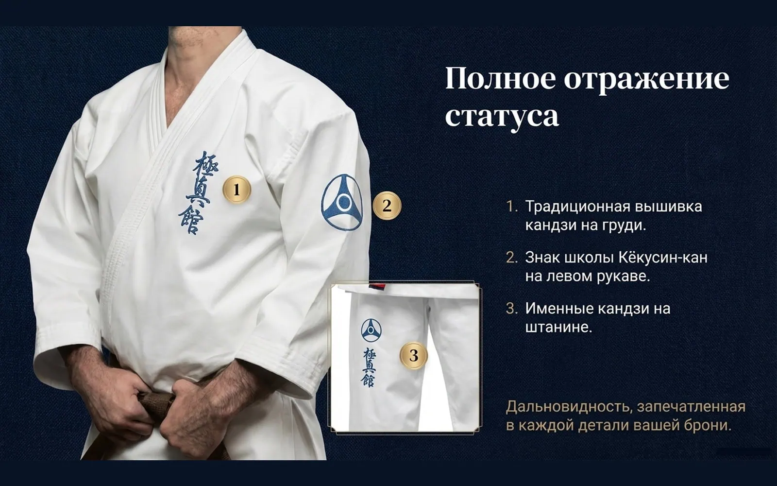 Кимоно Кёкусин-кан KAITOGI серии Наследие с вышивкой на груди, рукаве и штанине