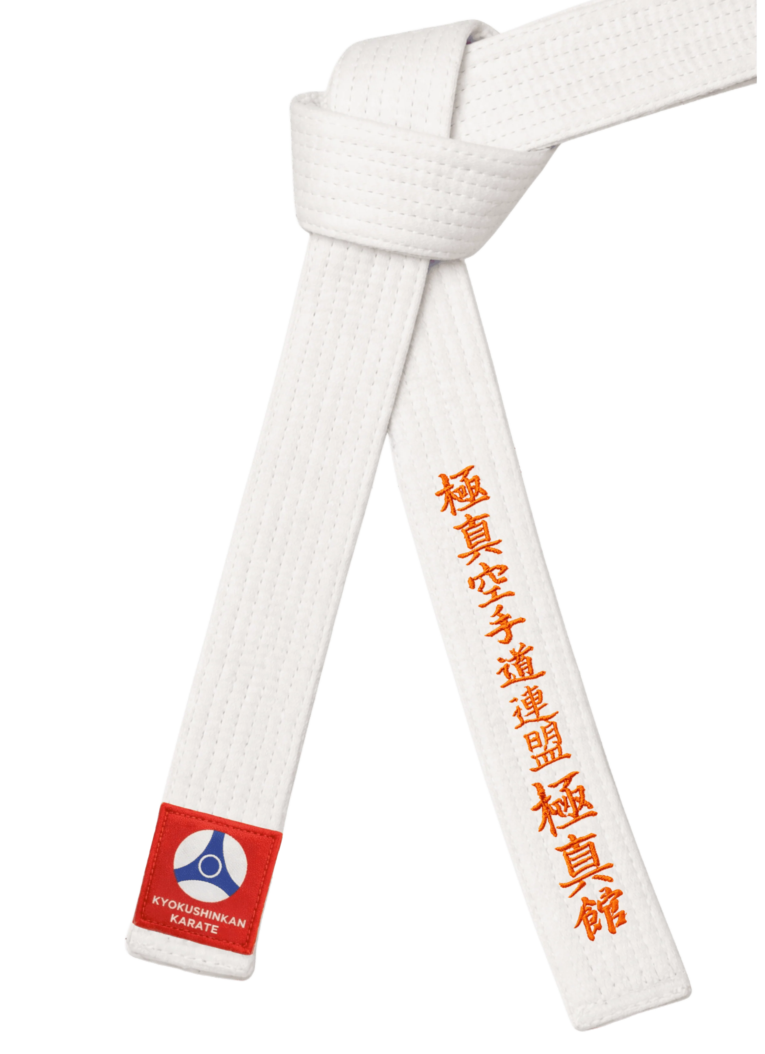 Белый именной пояс Кёкусин-кан KAITOGI с золотой вышивкой иероглифов федерации