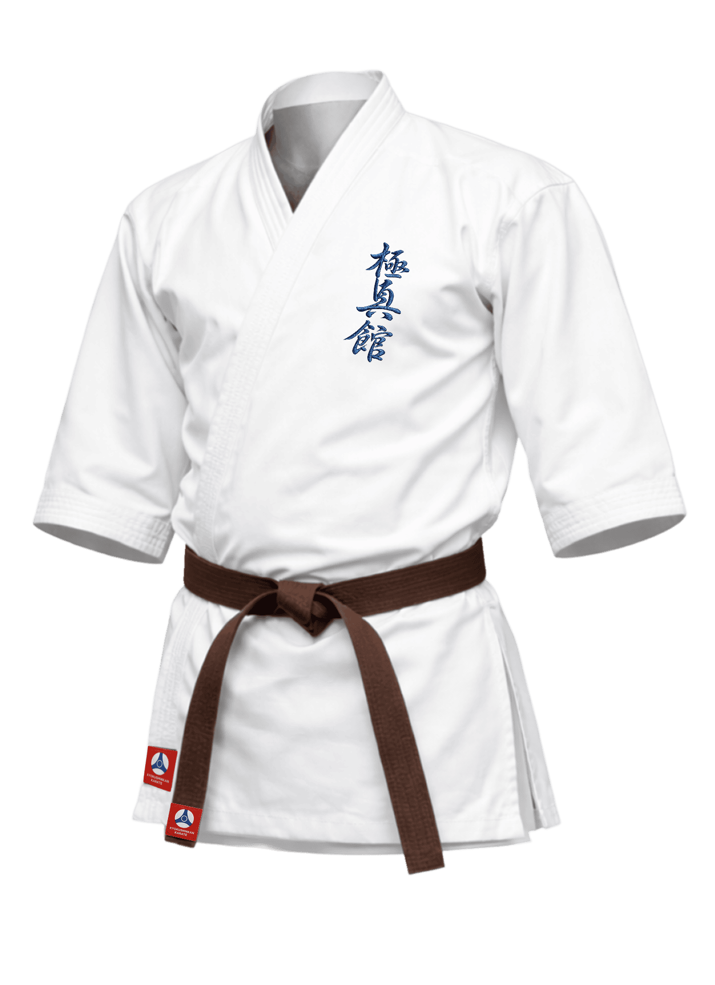 Белая куртка карате KAITOGI К2 стандарт с вышивкой на груди: удлинённая модель и рукав ниже локтя