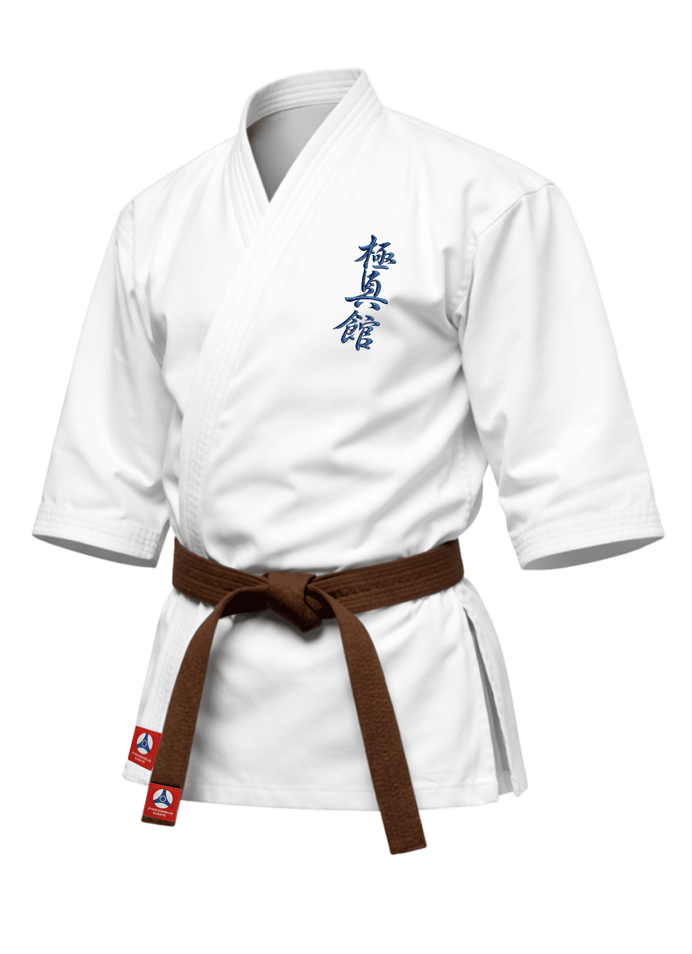 Белая куртка карате KAITOGI К4 стандарт с вышивкой Кёкусин-кан на груди: короткая модель с рукавом три четверти из 100% хлопка