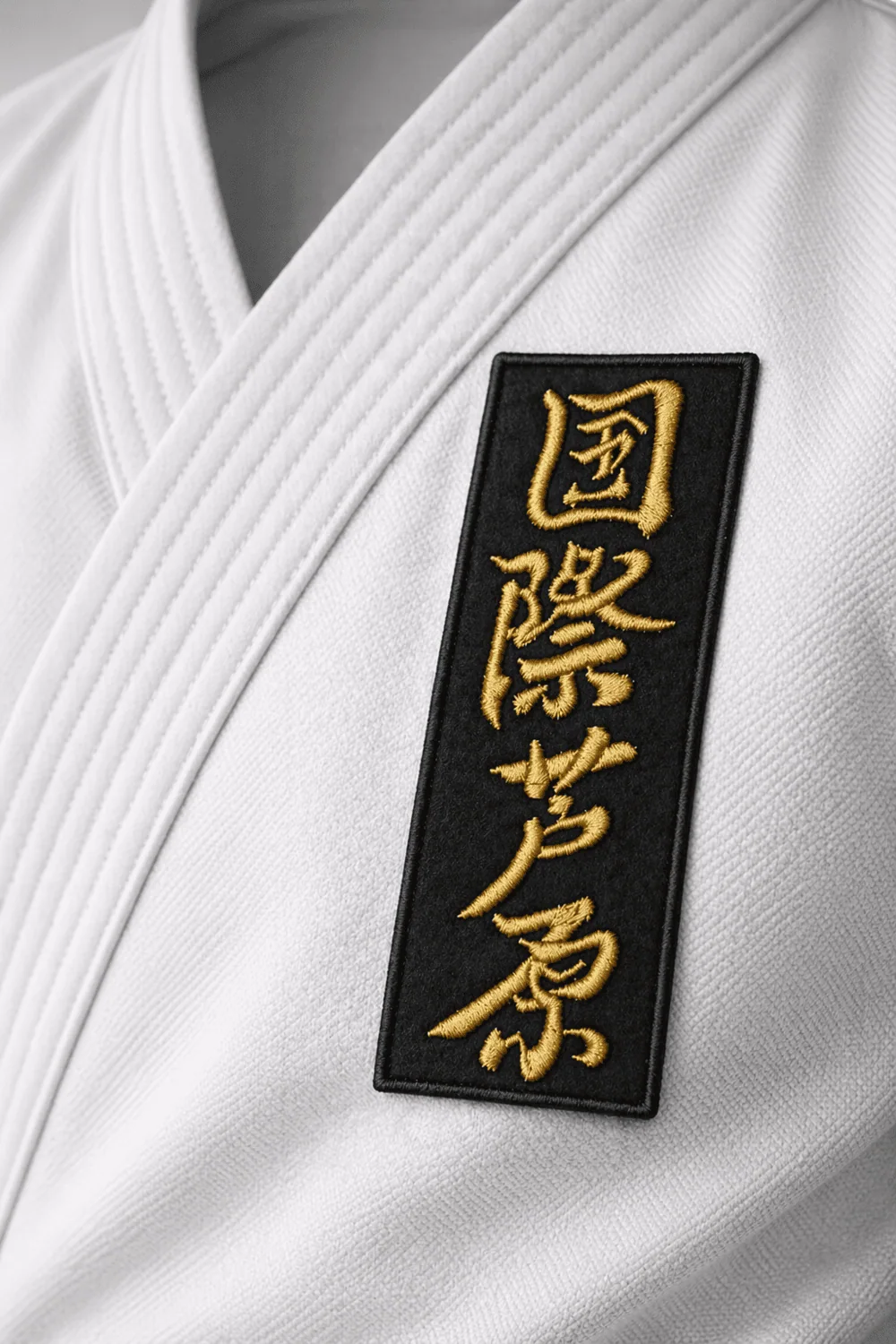 Черный вертикальный шеврон AIKO с золотой вышивкой на груди белого кимоно