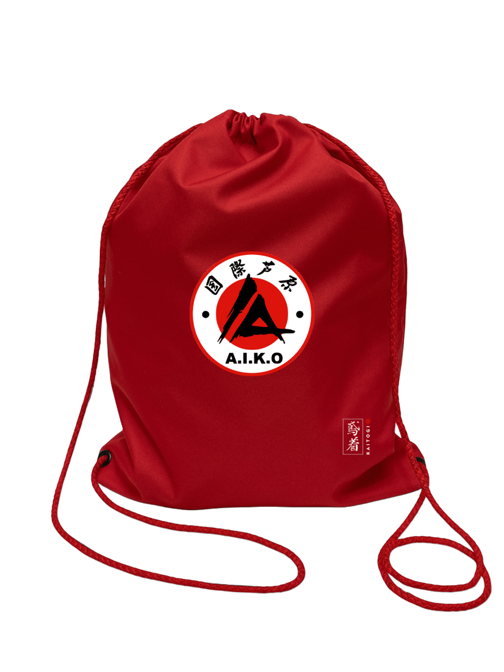 Красный мешок KAITOGI AIKO с красными шнурами и круглой эмблемой A.I.K.O.