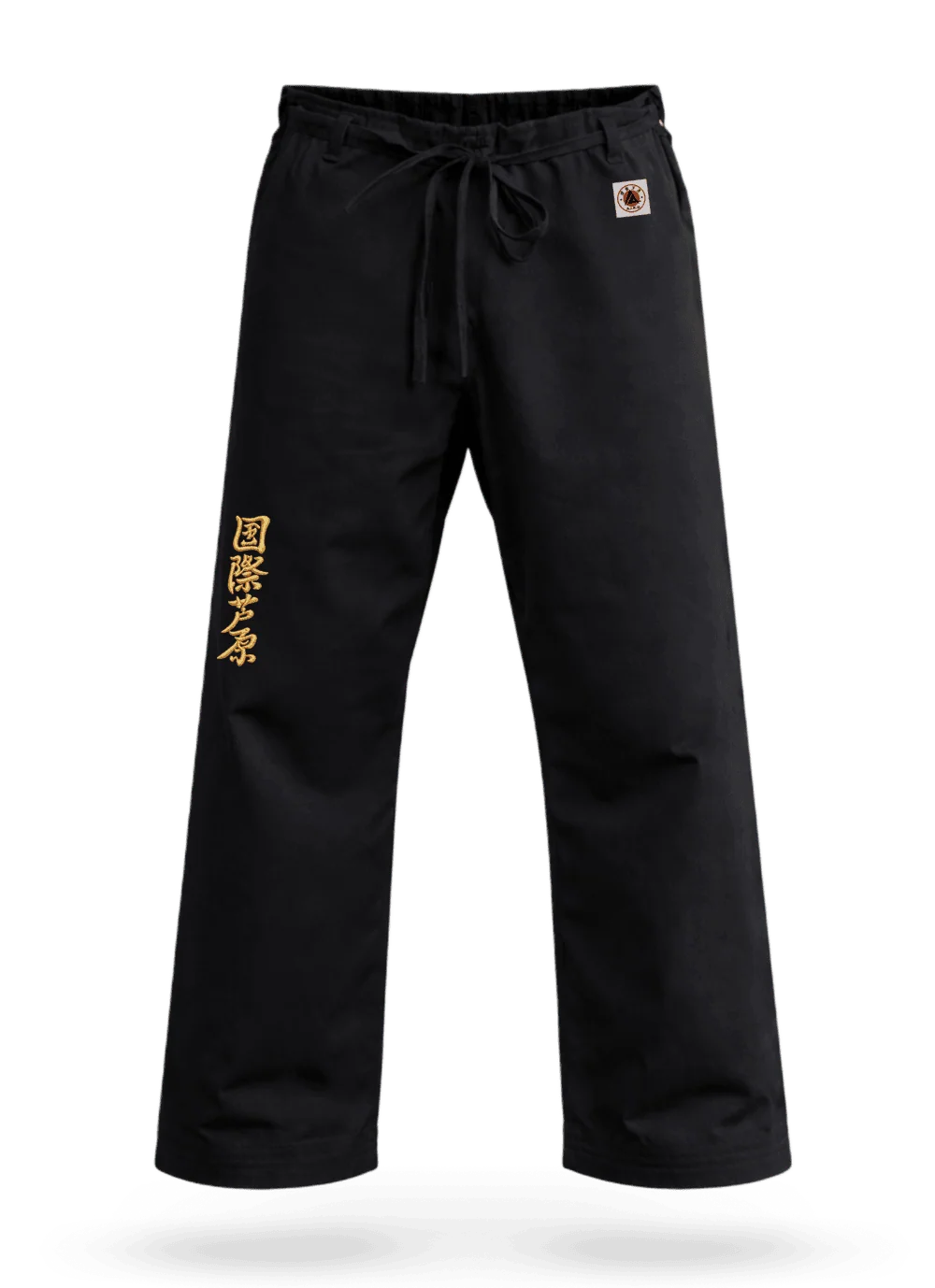 Чёрные штаны для ашихара-карате AIKO М1 на завязках: профессиональная модель с золотым вышитым иероглифом и жаккардовой этикеткой AIKO