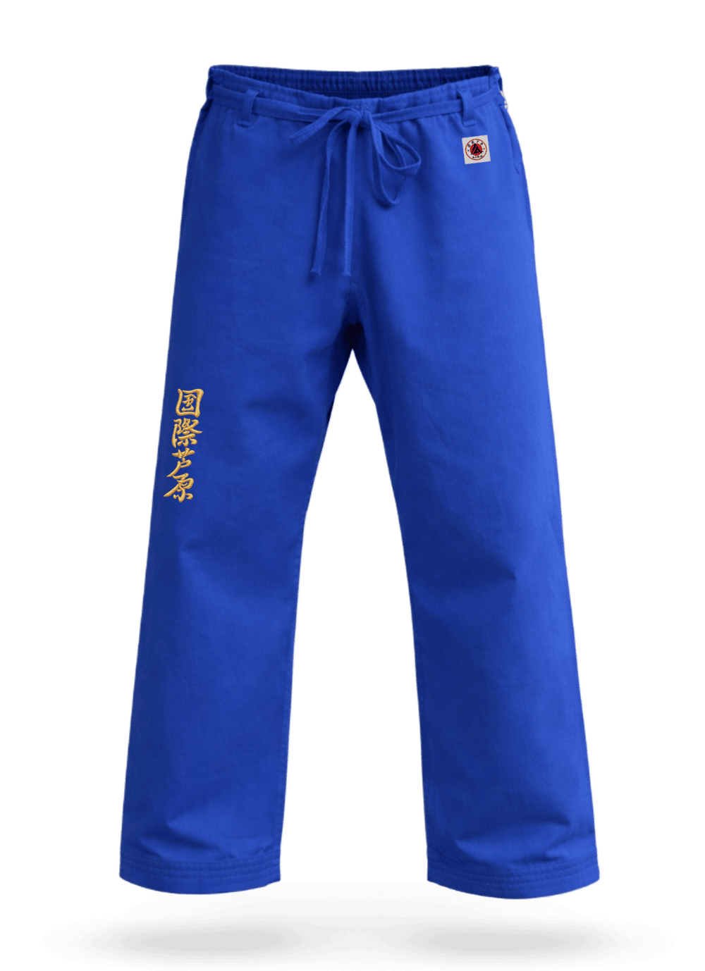 Синие штаны для ашихара-карате KAITOGI AIKO М1: длина ниже лодыжки, золотой вышитый иероглиф и жаккардовая этикетка AIKO