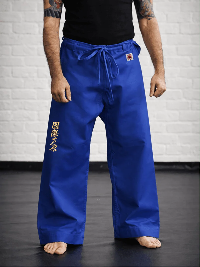 Синяя модель AIKO М1 на спортсмене: традиционный силуэт, золотая вышивка Ашихара-карате и жаккардовый логотип