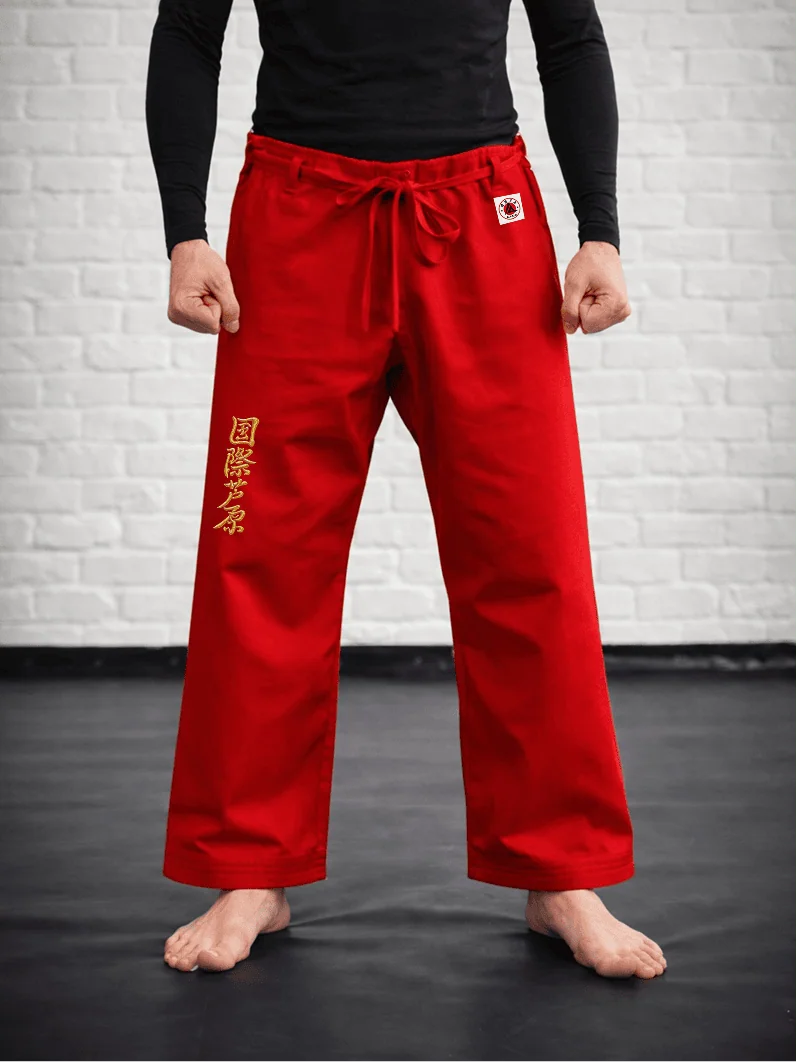 Красные штаны AIKO М3 на модели: длина выше щиколотки, золотая вышивка и фирменная отделка