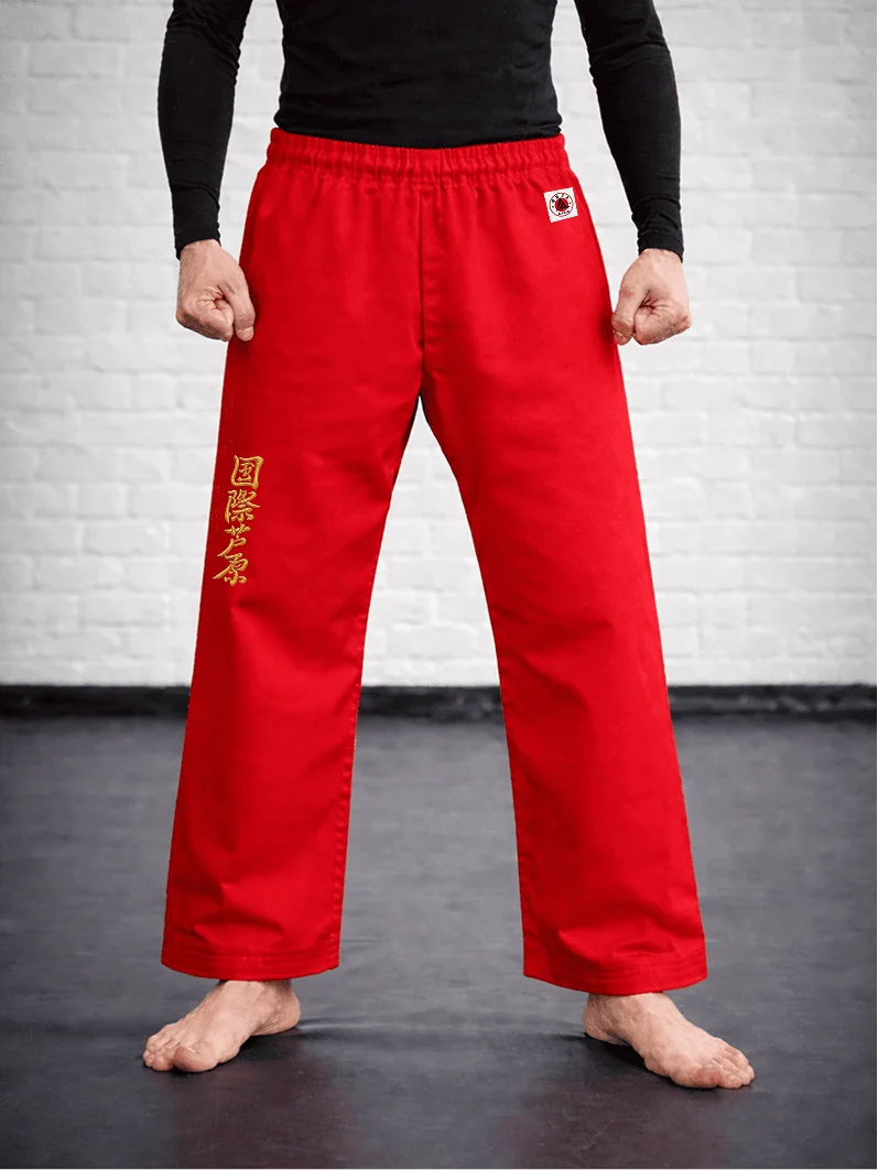 Красные штаны AIKO М3 на резинке на спортсмене: укороченная длина, золотая вышивка и фирменный жаккардовый логотип