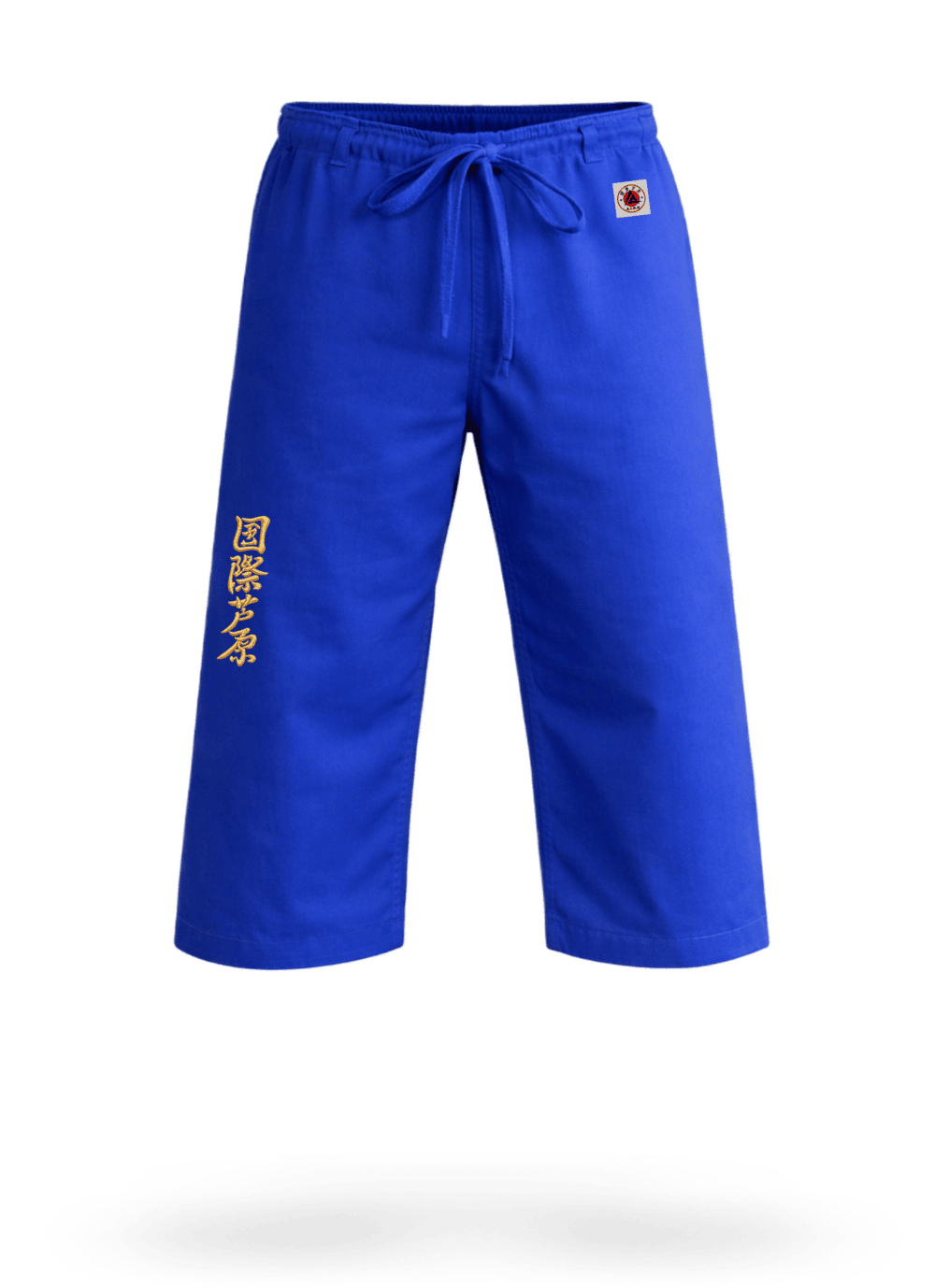 Синие штаны для ашихара-карате KAITOGI AIKO М4: длина ниже колена, золотой вышитый иероглиф и жаккардовая этикетка AIKO