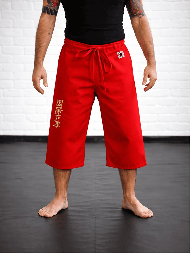 Красные штаны AIKO М4 на модели: длина ниже колена, золотая вышивка и фирменная отделка