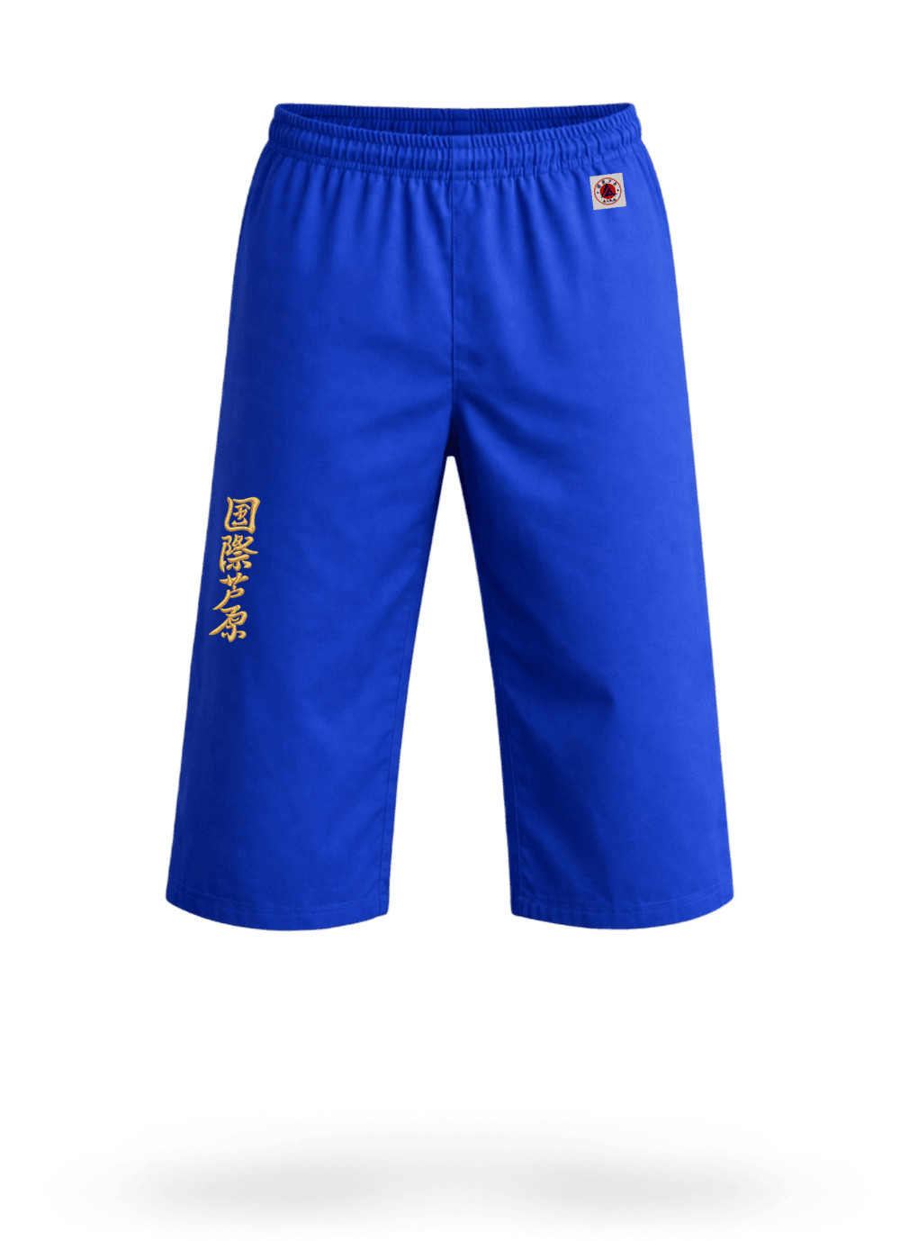 Синие штаны для ашихара-карате KAITOGI AIKO М4 на резинке: длина ниже колена, золотой иероглиф и жаккардовая этикетка AIKO