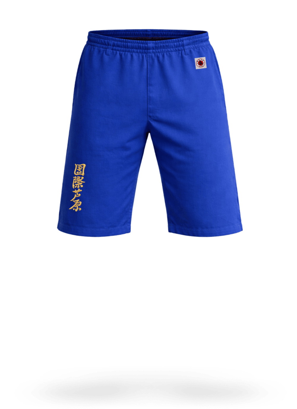 Синие шорты для ашихара-карате KAITOGI AIKO М5: укороченная модель выше колена, золотой вышитый иероглиф и жаккардовая этикетка AIKO