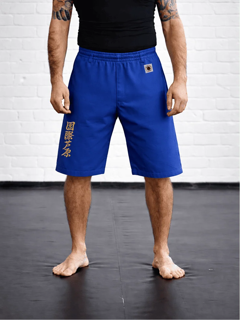 Синяя модель AIKO М5 на спортсмене: свободный спортивный силуэт, золотая вышивка Ашихара-карате и жаккардовый логотип