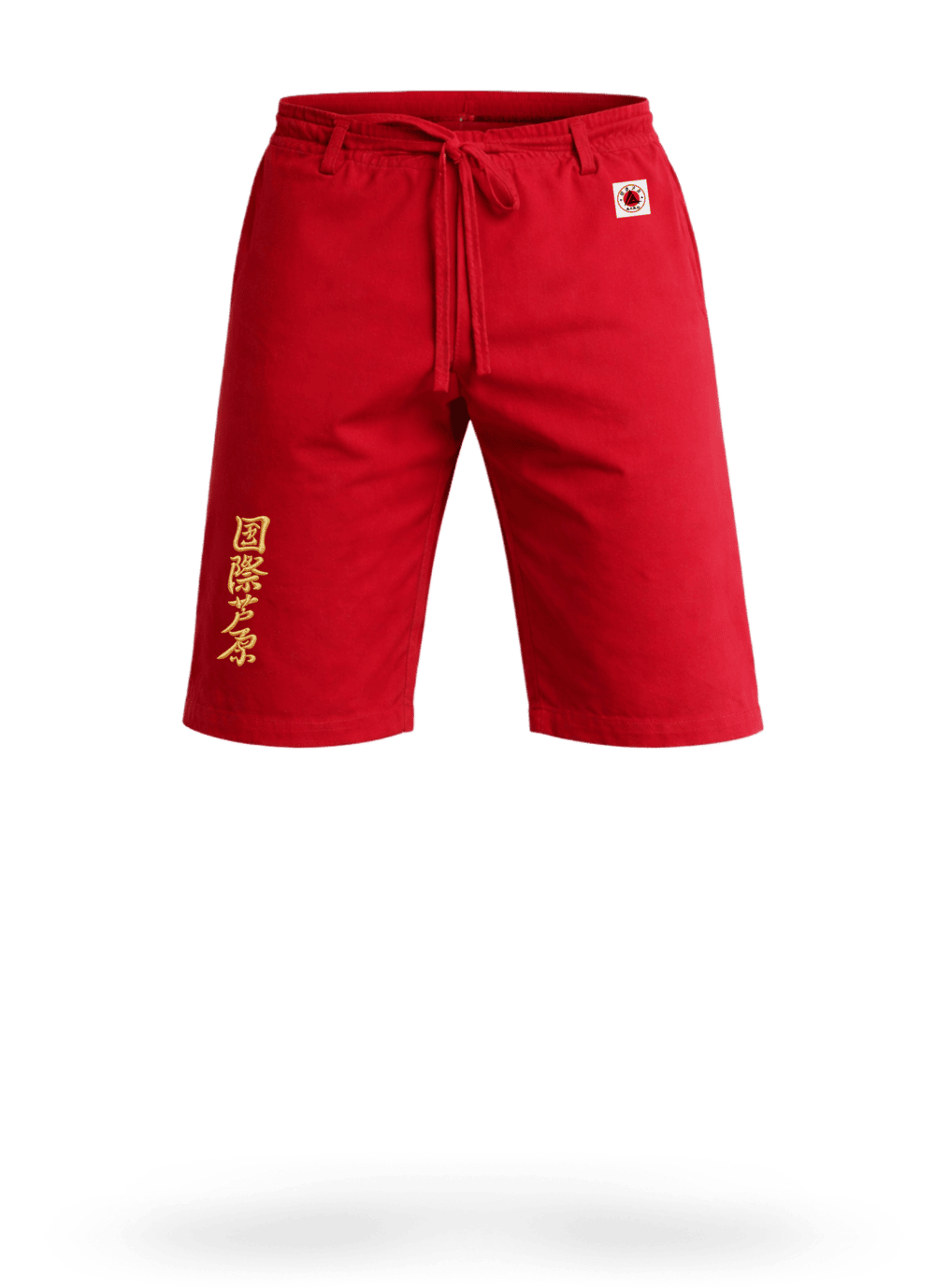 Красные шорты для ашихара-карате AIKO М5 на завязках: короткая модель с золотым иероглифом и жаккардовой этикеткой AIKO