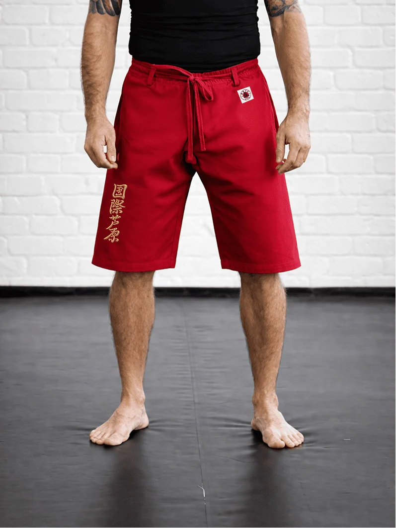 Красная модель AIKO М5 на спортсмене: открытая длина выше колена, золотая вышивка и фирменная отделка