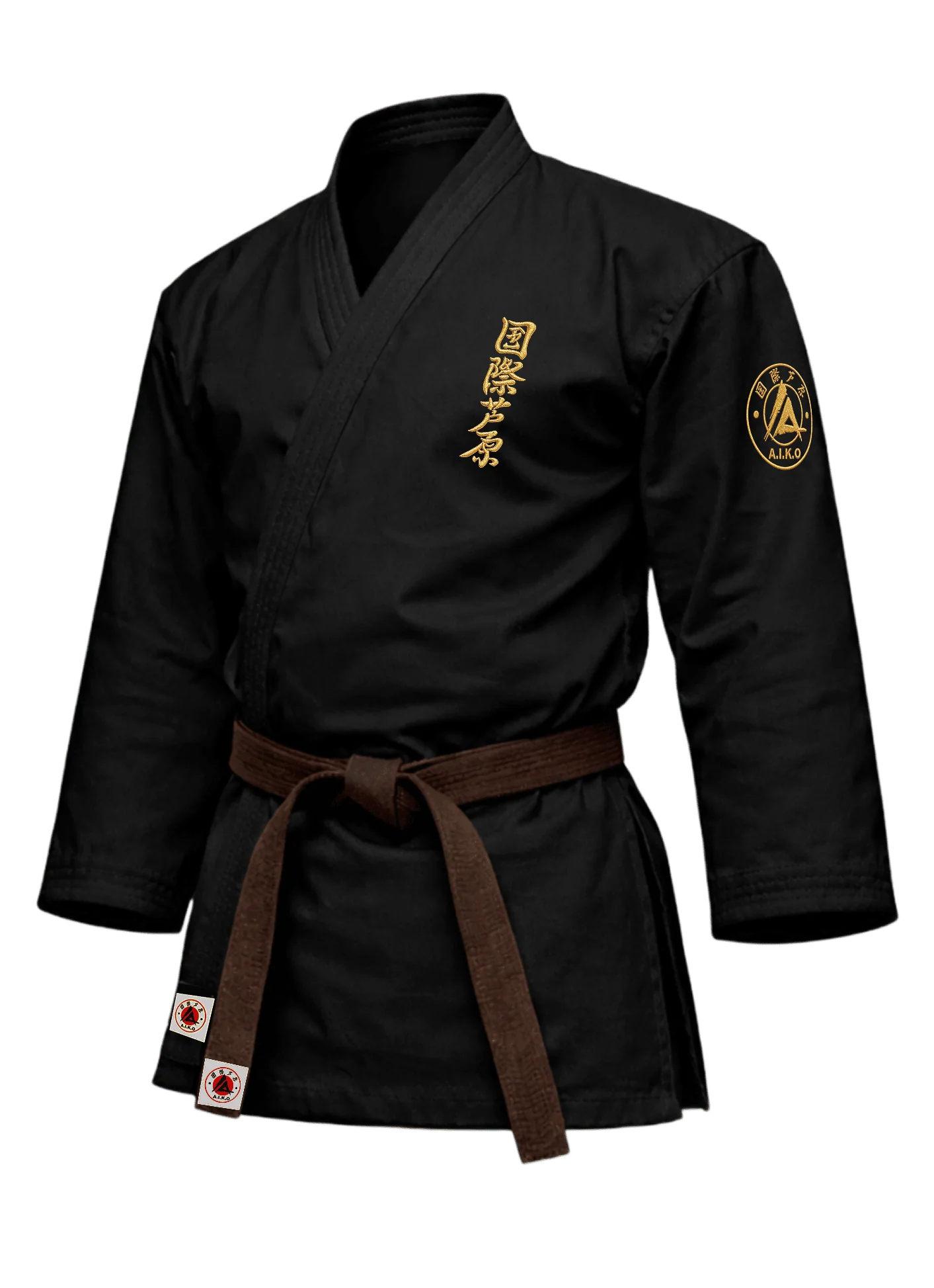 Чёрная куртка для ашихара-карате KAITOGI К1 серии «Наследие»: золотой вышитый кандзи и золотая канку A.I.K.O.