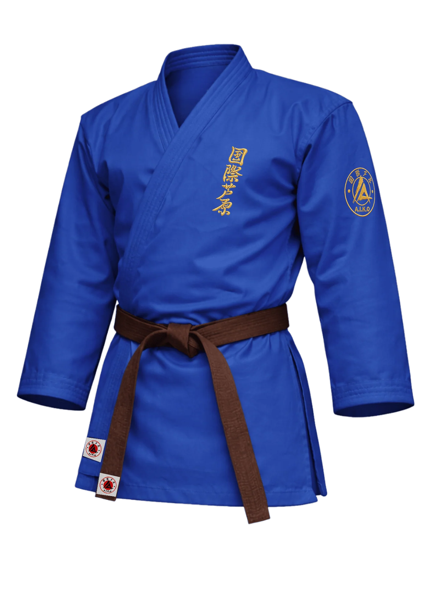 Синяя куртка для ашихара-карате KAITOGI К1 серии «Наследие»: золотой вышитый кандзи и золотая канку A.I.K.O.