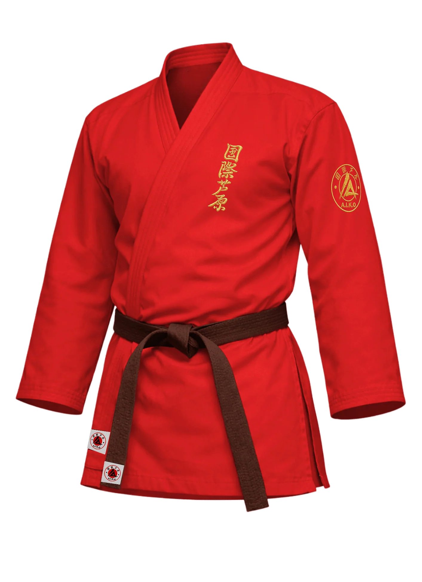 Красная куртка для ашихара-карате KAITOGI К1 серии «Наследие»: золотой вышитый кандзи и золотая канку A.I.K.O.