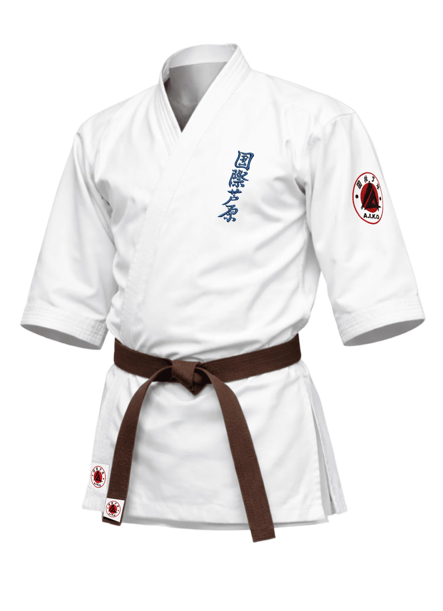 Белая куртка для ашихара-карате KAITOGI К2 серии «Наследие»: рукав 3/4, синий вышитый кандзи и черно-красная канку A.I.K.O.
