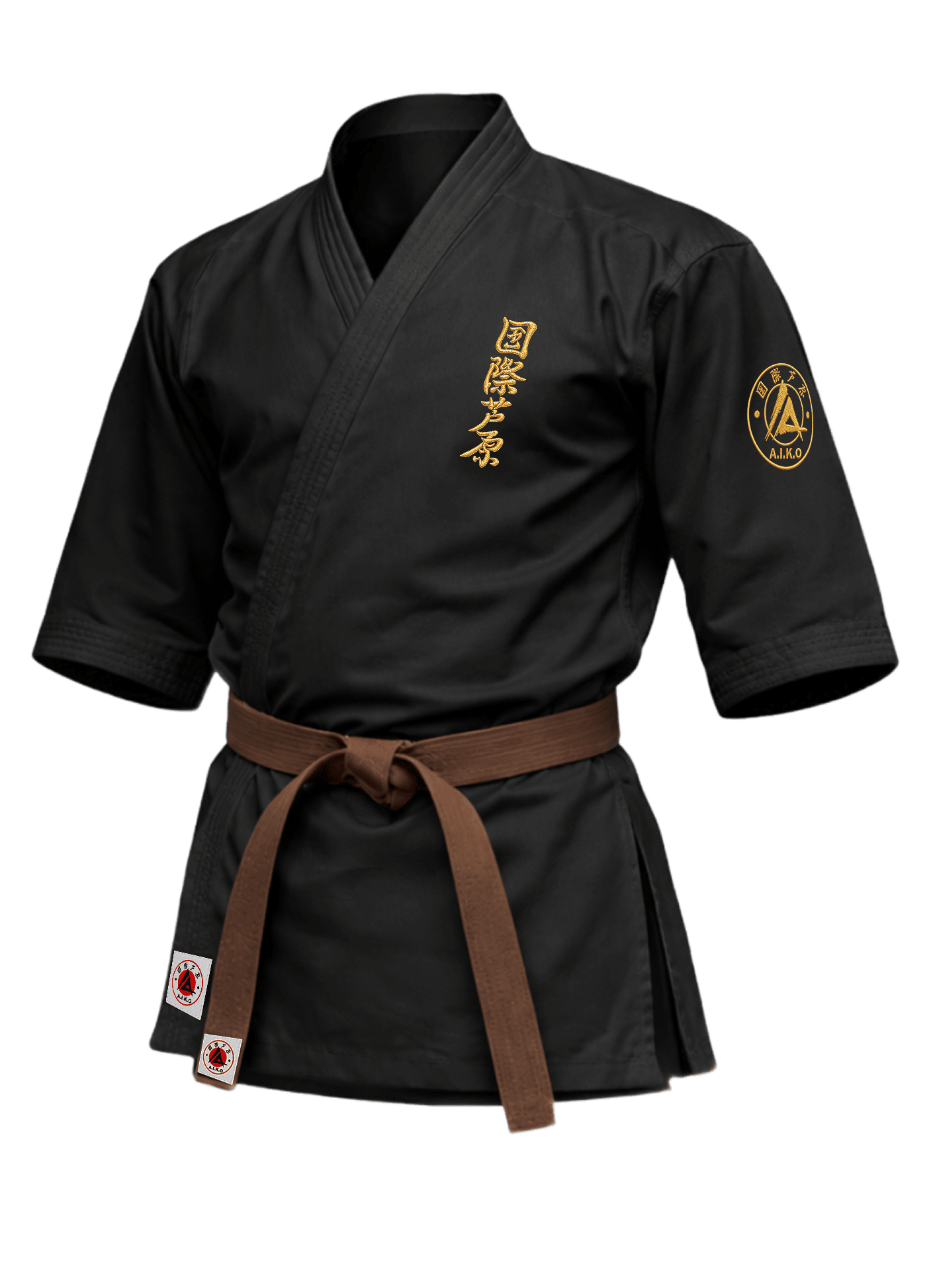 Чёрная куртка для ашихара-карате KAITOGI К2 серии «Наследие»: рукав 3/4, золотой вышитый кандзи и золотая канку A.I.K.O.