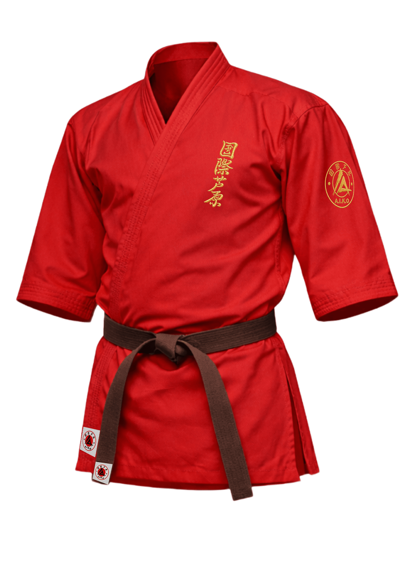 Красная куртка для ашихара-карате KAITOGI К2 серии «Наследие»: рукав 3/4, золотой вышитый кандзи и золотая канку A.I.K.O.