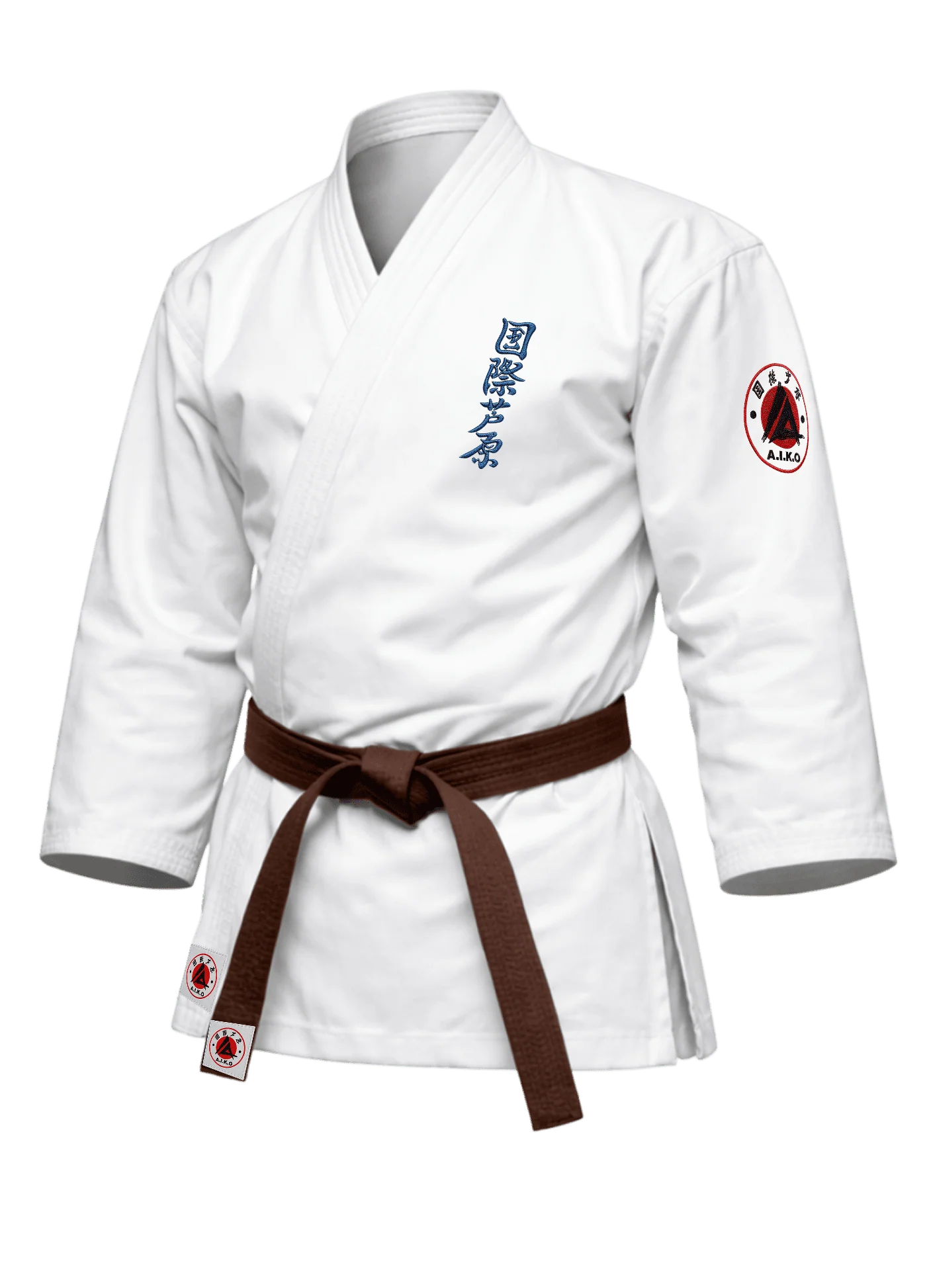 Белая куртка для ашихара-карате KAITOGI К3 серии «Наследие»: длинный рукав, укороченный подол, синий вышитый кандзи и черно-красная канку A.I.K.O.