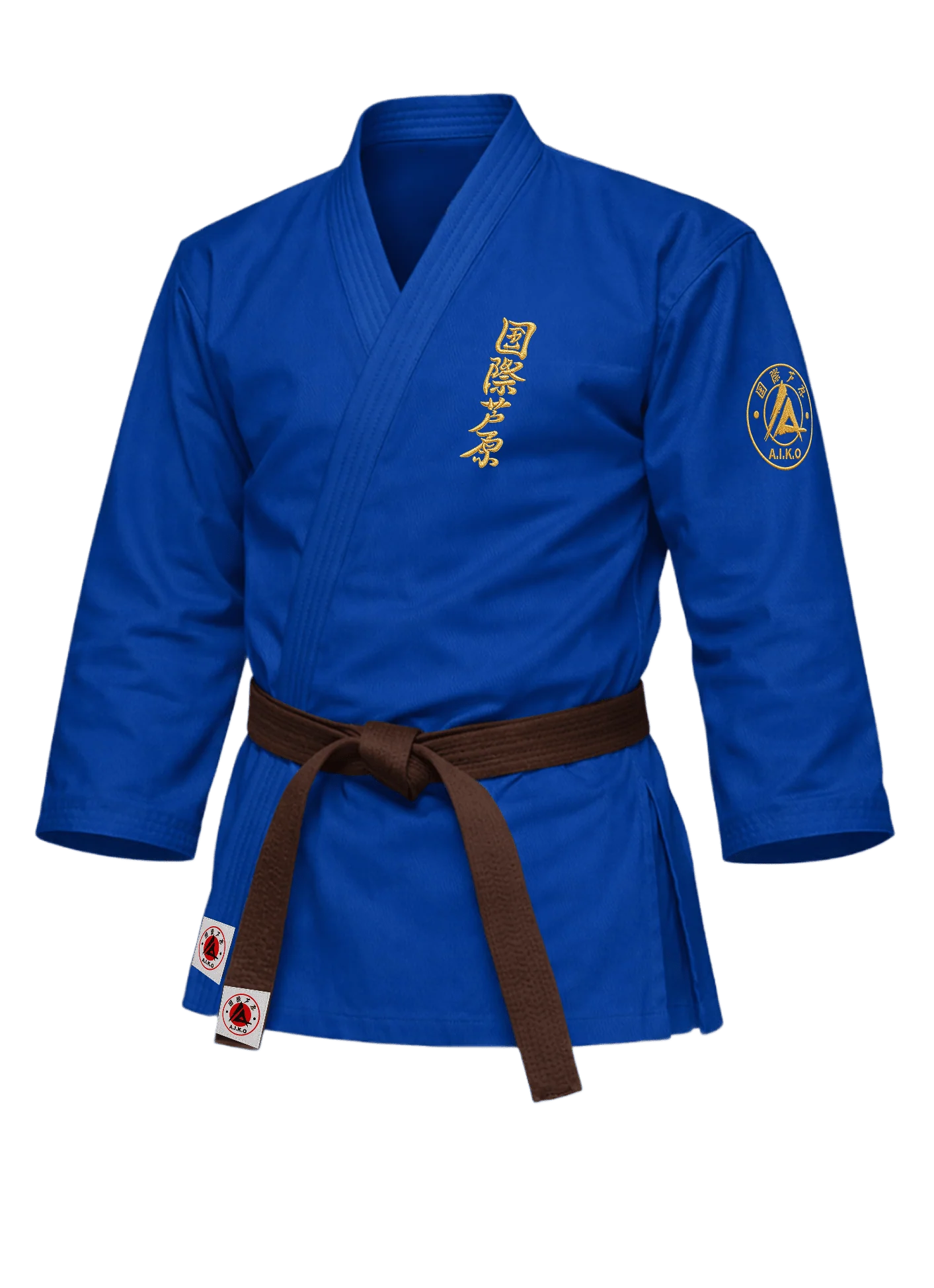 Синяя куртка для ашихара-карате KAITOGI К3 серии «Наследие»: длинный рукав, укороченный подол, золотой вышитый кандзи и золотая канку A.I.K.O.