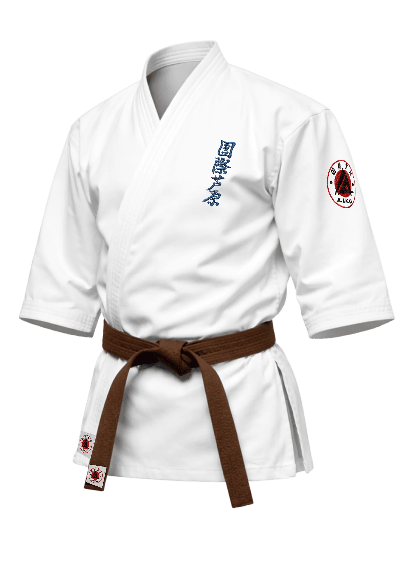 Белая куртка для ашихара-карате KAITOGI К4 серии «Наследие»: рукав 3/4, укороченный подол, синий вышитый кандзи и черно-красная канку A.I.K.O.