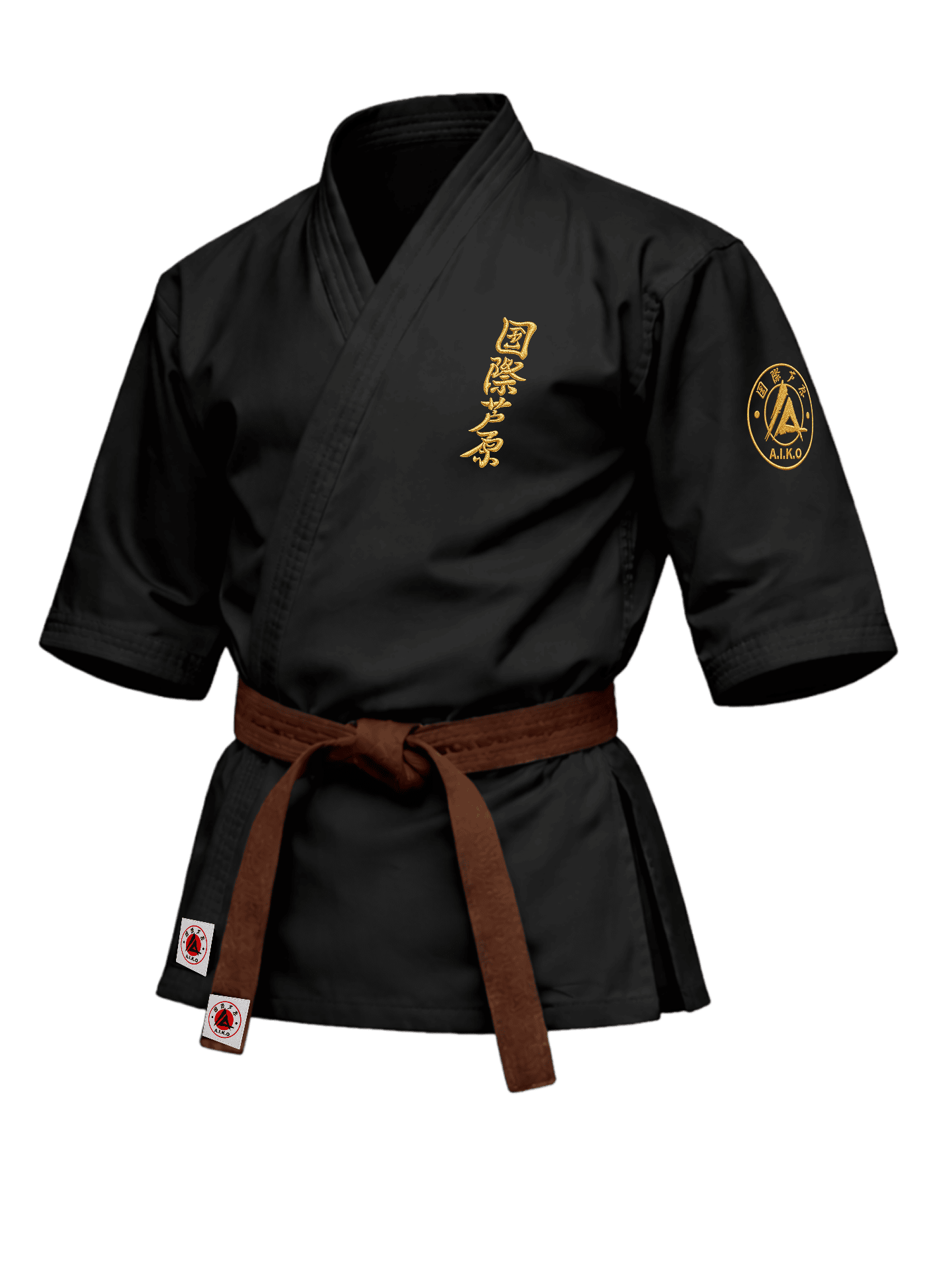 Чёрная куртка для ашихара-карате KAITOGI К4 серии «Наследие»: рукав 3/4, короткий подол, золотой вышитый кандзи и золотая канку A.I.K.O.